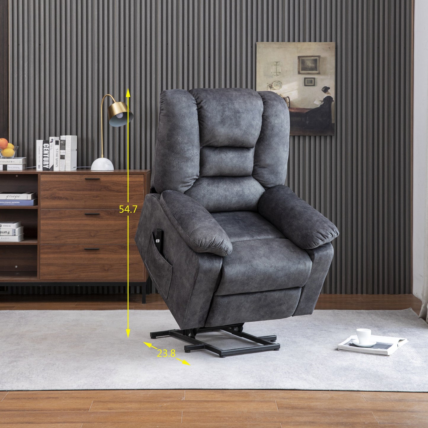 Poltrona reclinabile elettrica imbottita in velluto grigio per anziani con massaggio, riscaldamento lombare e tasche laterali portaoggetti