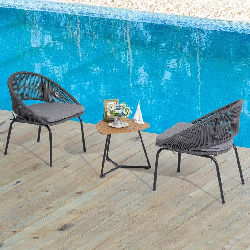 Set da bistrot in corda intrecciata grigia - 3 sedie da giardino con cuscini