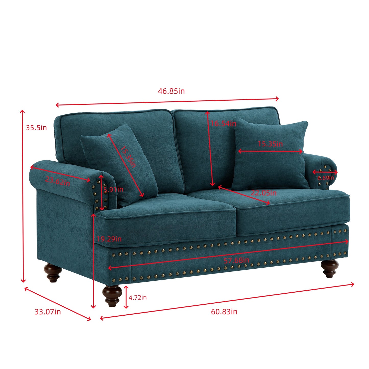 Divano moderno a 2 posti in ciniglia verde 60, con gambe marroni, 2 cuscini e cuscini posteriori rimovibili