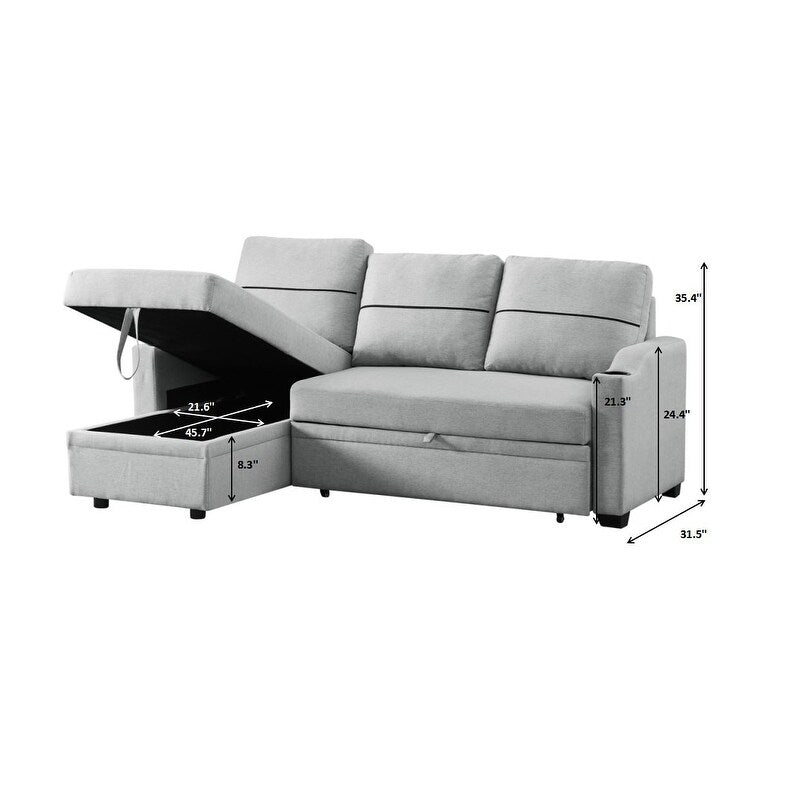 Divano in tessuto grigio 81.9 con chaise longue, struttura in legno, contenitore e ruote in gomma