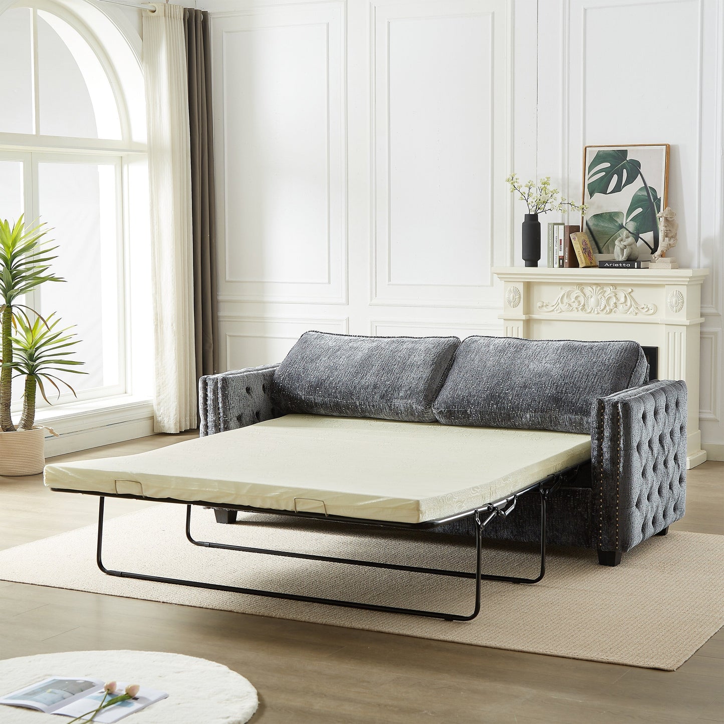 Divano letto in ciniglia grigia con materasso in memory foam