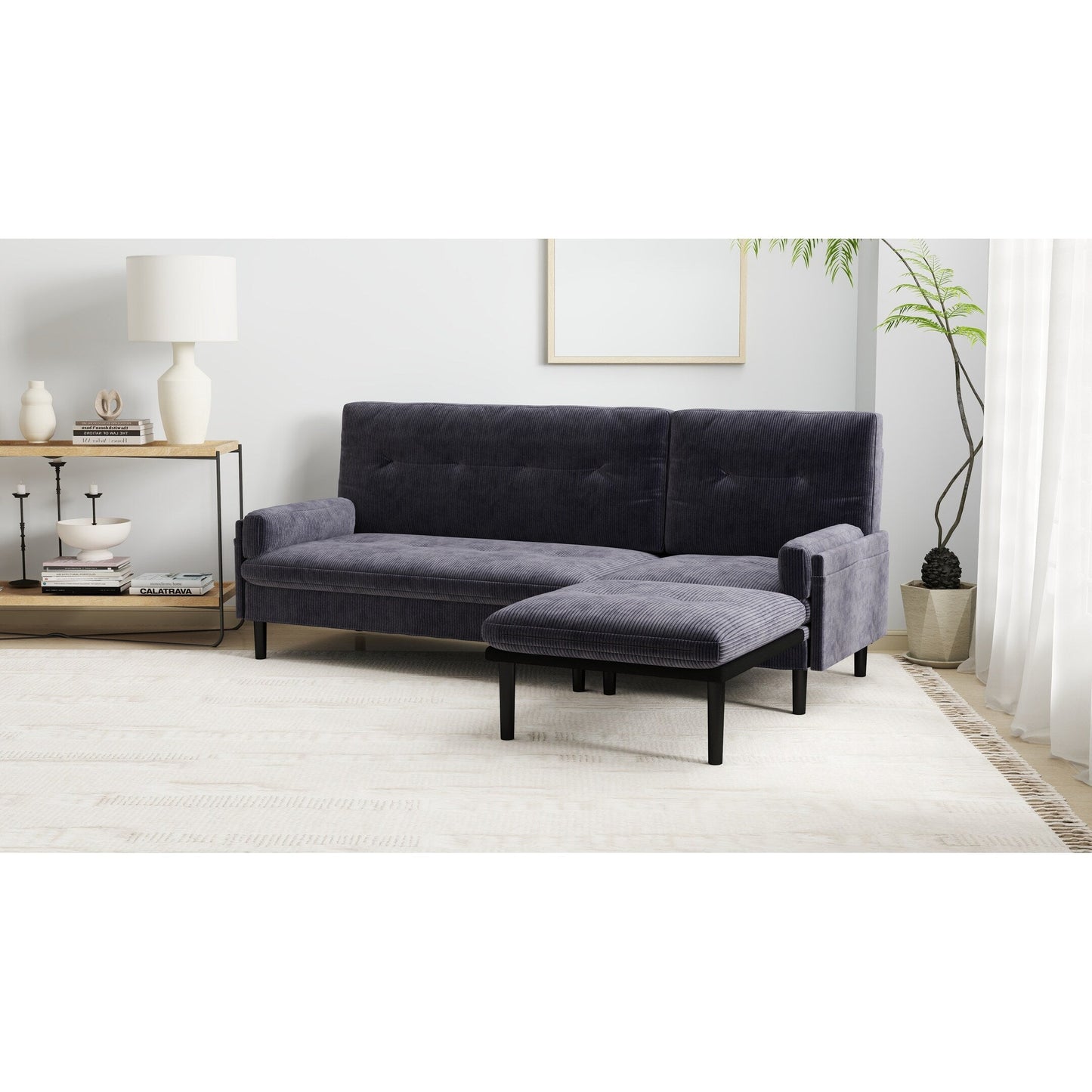 Divano a 3 posti regolabile in velluto a coste grigio e letto per gli ospiti