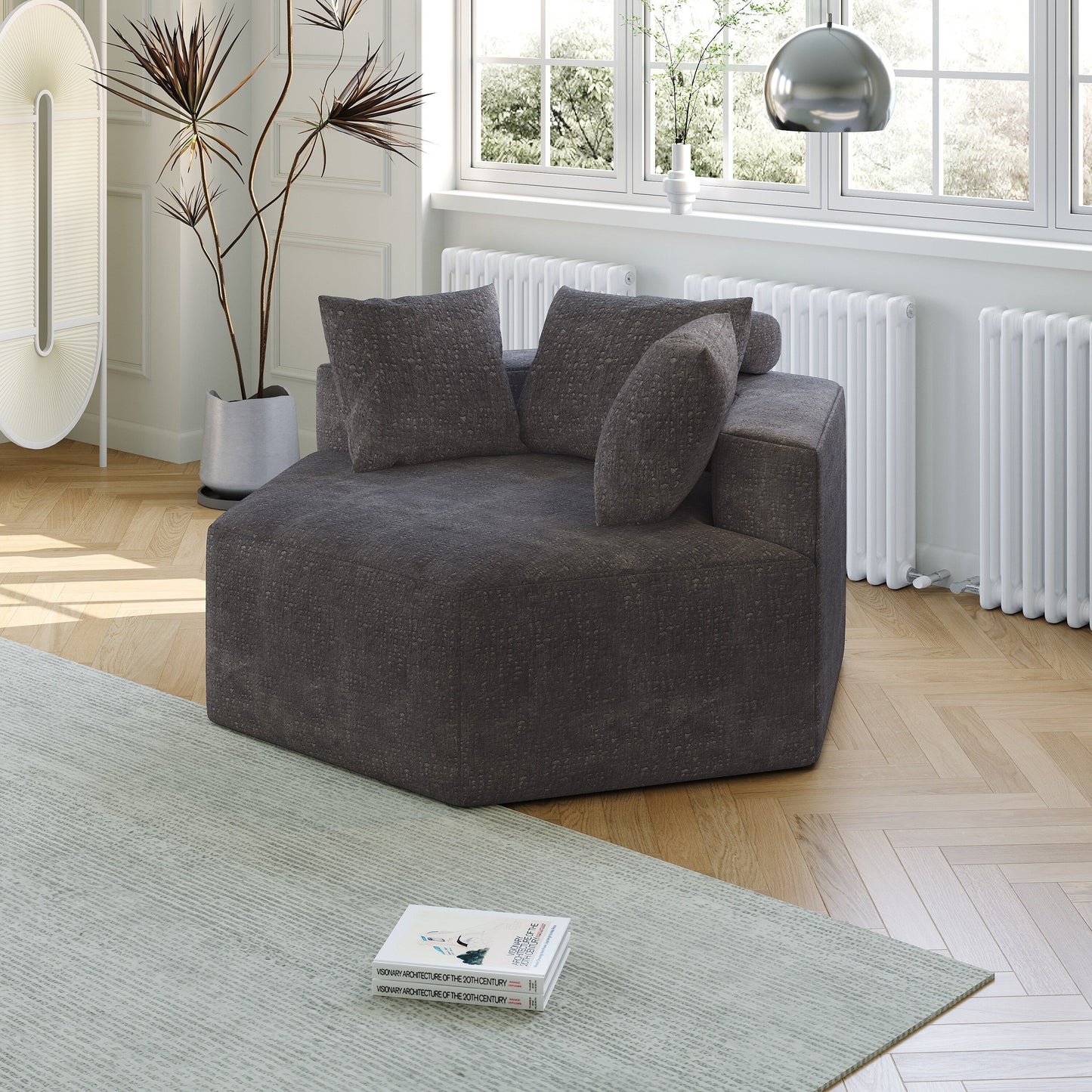 Divano letto singolo moderno grigio 54 in ciniglia e spugna con cuscino per schienale per soggiorno