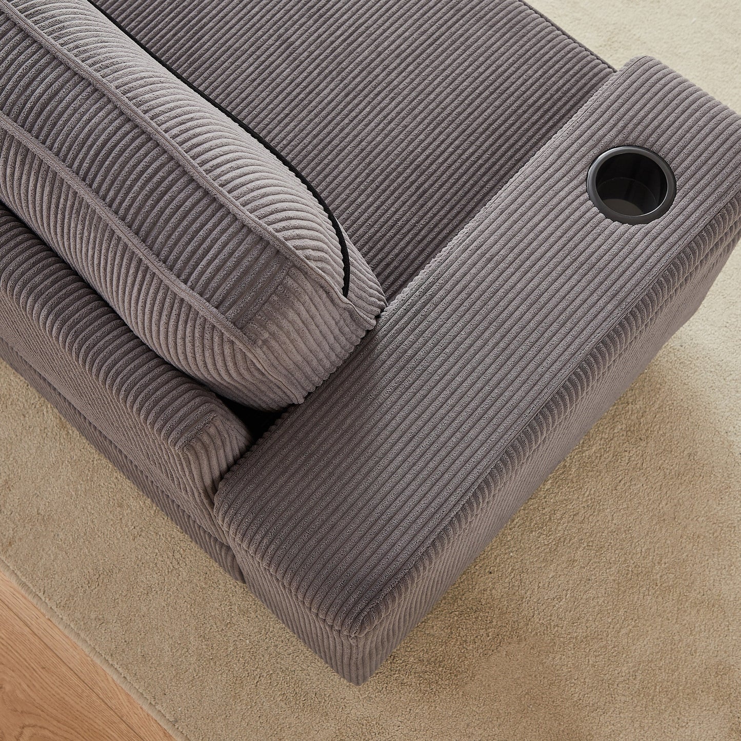 Divano a 3 posti in velluto a coste grigio moderno da 86,5 pollici con due vani portaoggetti, porte di ricarica USB e 2 portabicchieri