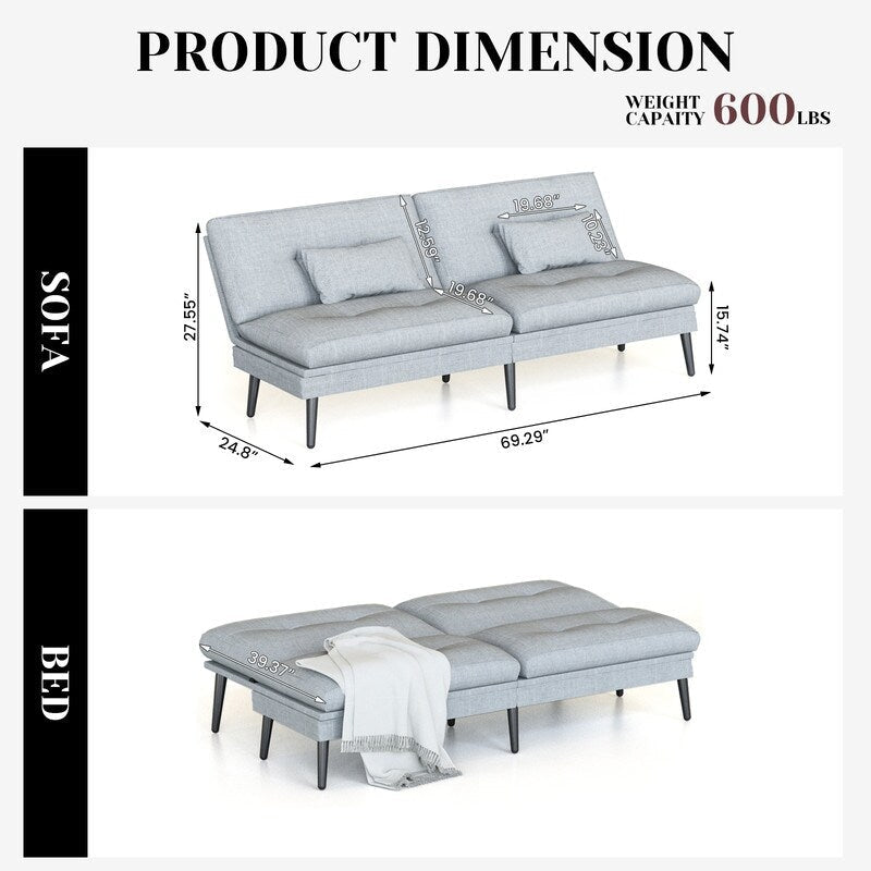 Divano letto futon trasformabile Grondin, divano letto con schienale regolabile in 5 angolazioni e 2 cuscini, poltrona reclinabile in stile moderno.