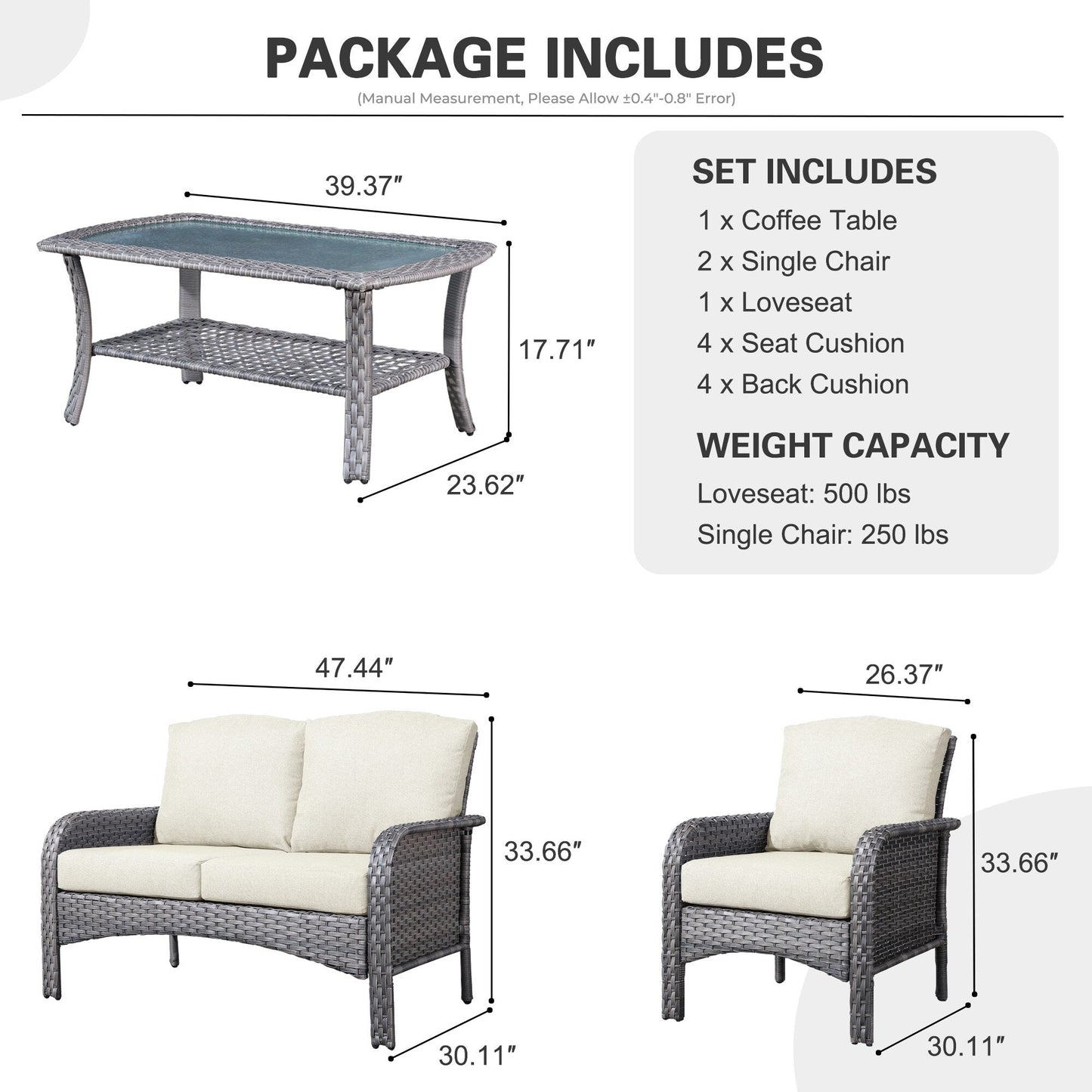 Set di divani da conversazione per esterni in vimini HOOOWOOO da 4 pezzi con tavolino in vetro