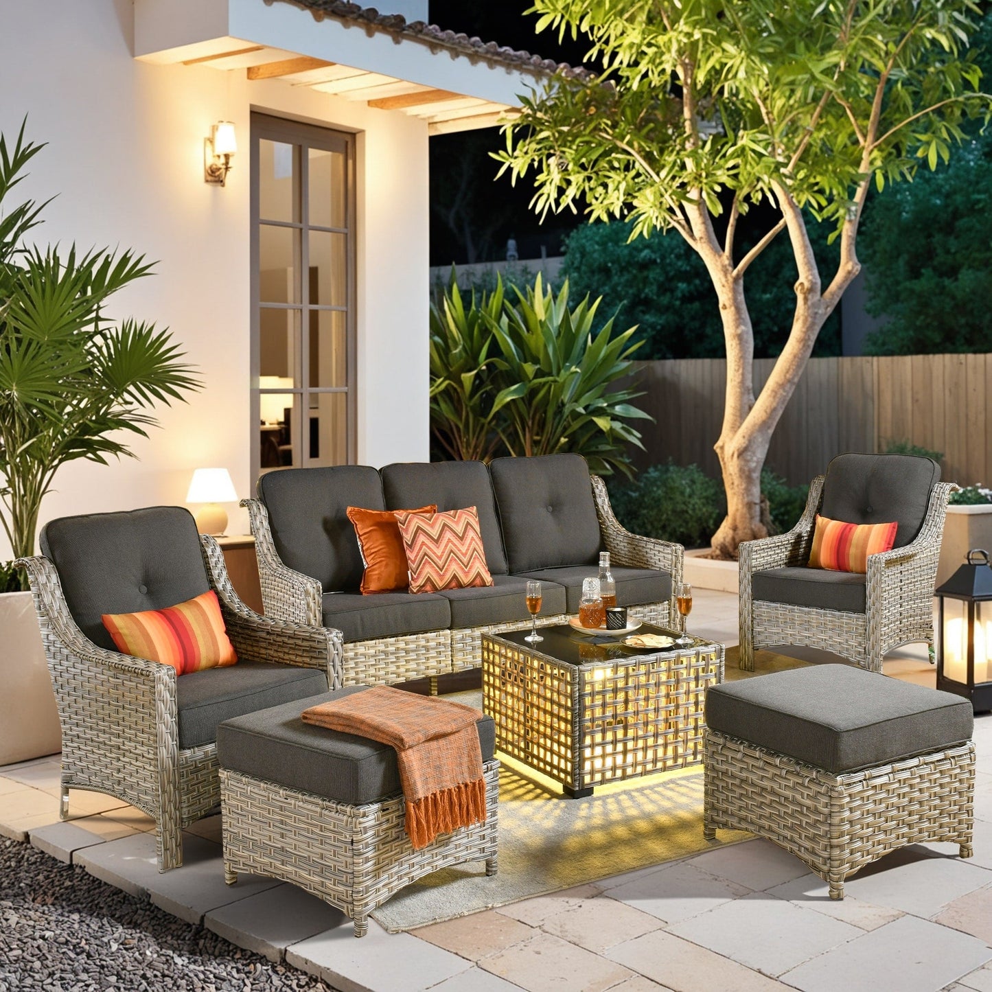 HOOOWOOO Set da conversazione con mobili da giardino in vimini da 6 pezzi con tavolino da caffè