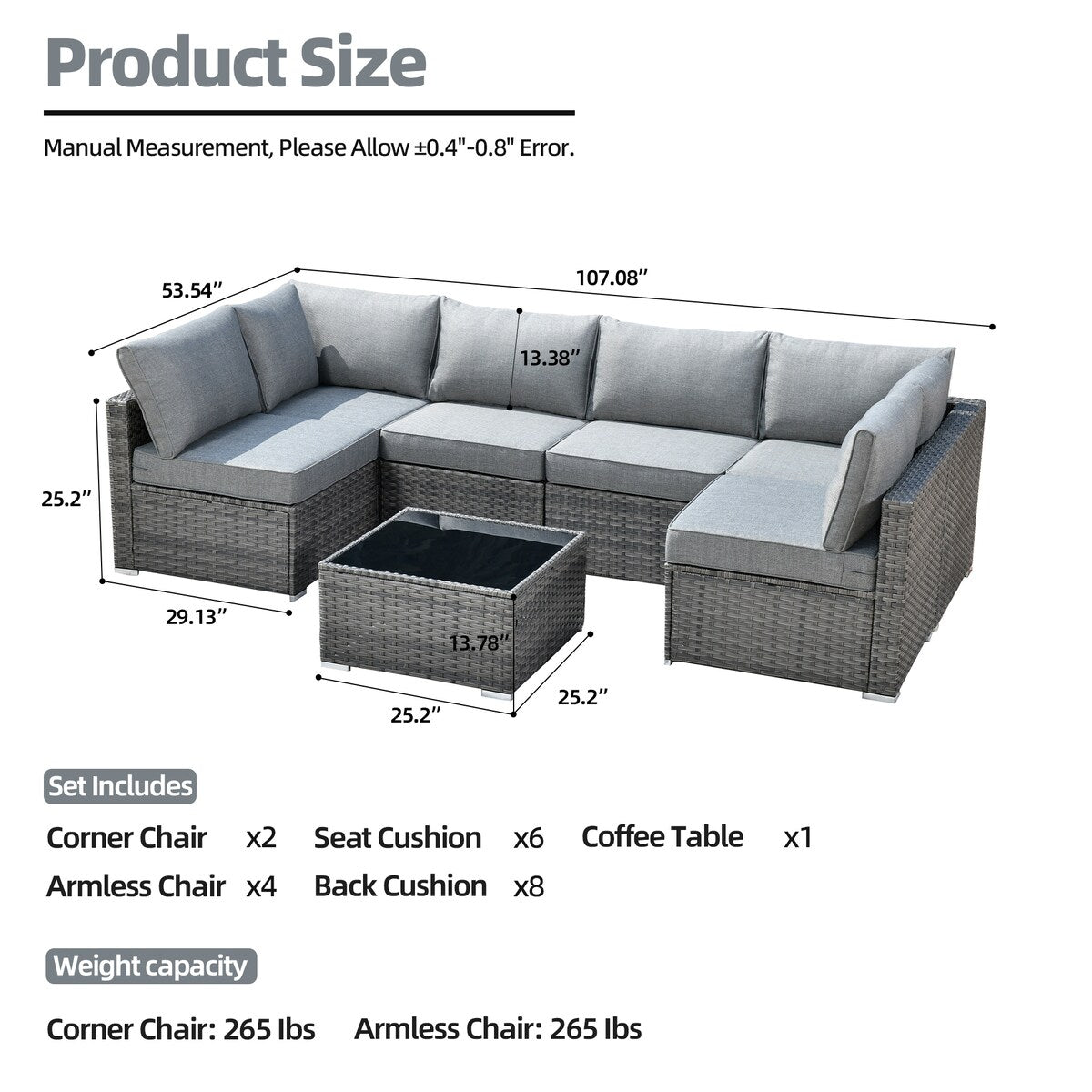 HOOOWOOO Set di mobili da esterno componibili in rattan grigio e vimini, 7 pezzi