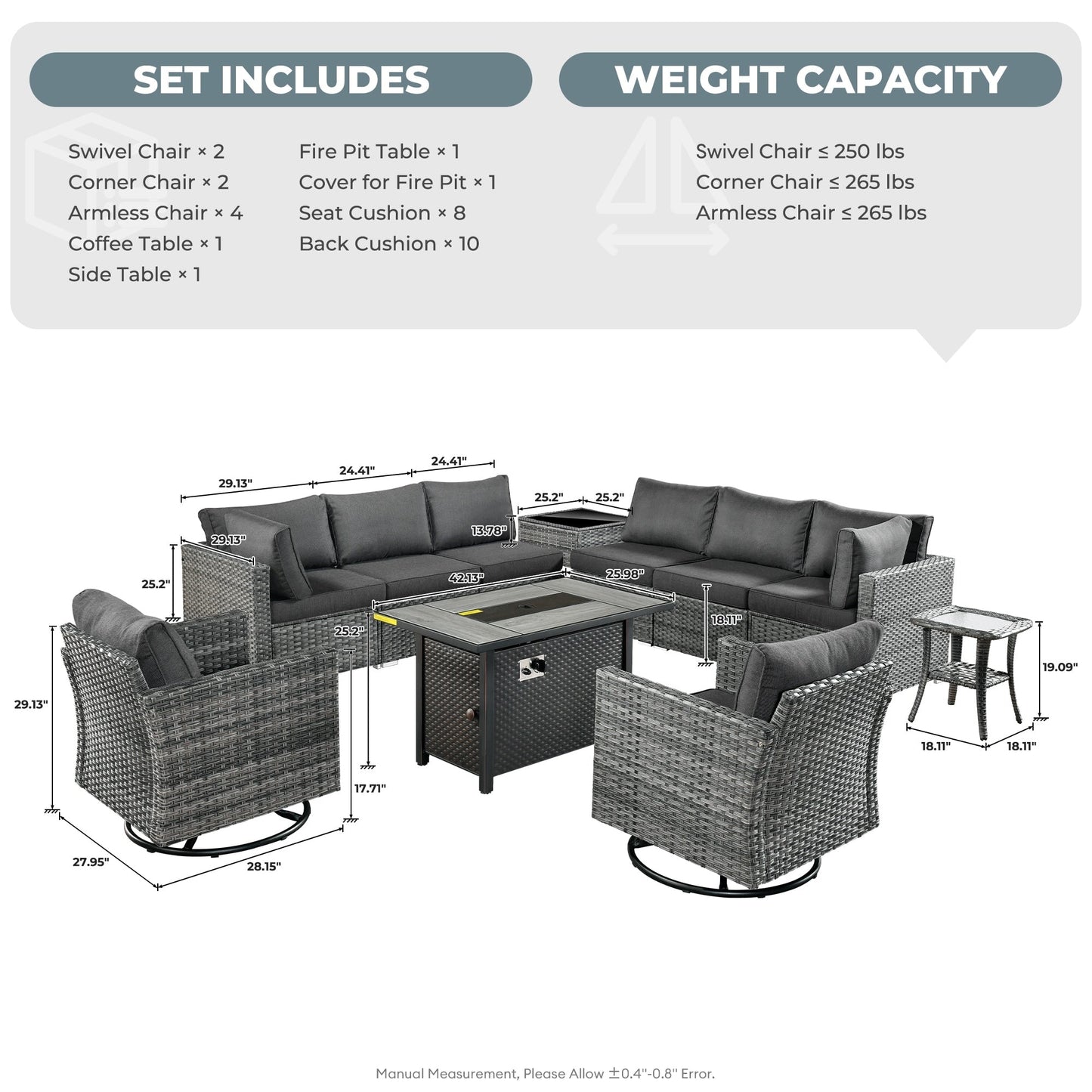 HOOOWOOO Set di mobili da esterno in rattan e vimini da 11 pezzi, sedie girevoli con braciere