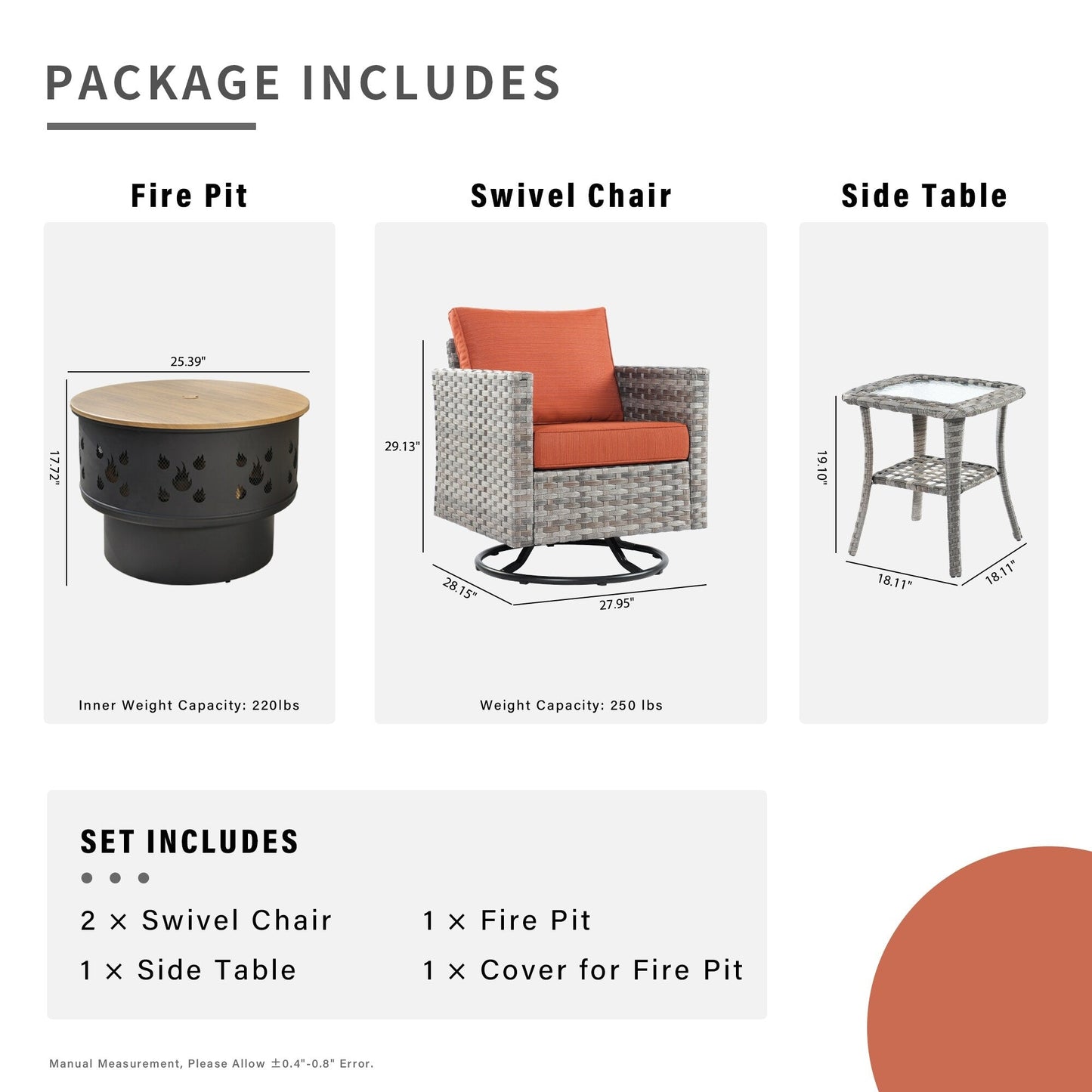 Set di 4 sedie girevoli da giardino in vimini HOOOWOOO con braciere a legna