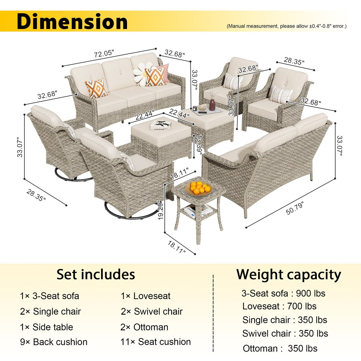 Set di 9 sedie girevoli da esterno con schienale alto in vimini HOOOWOOO