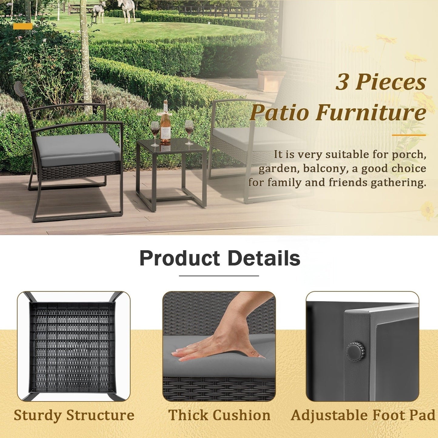 Homall Set da bistrot da esterno in plastica da 3 pezzi, set da conversazione per patio con cuscino e tavolo