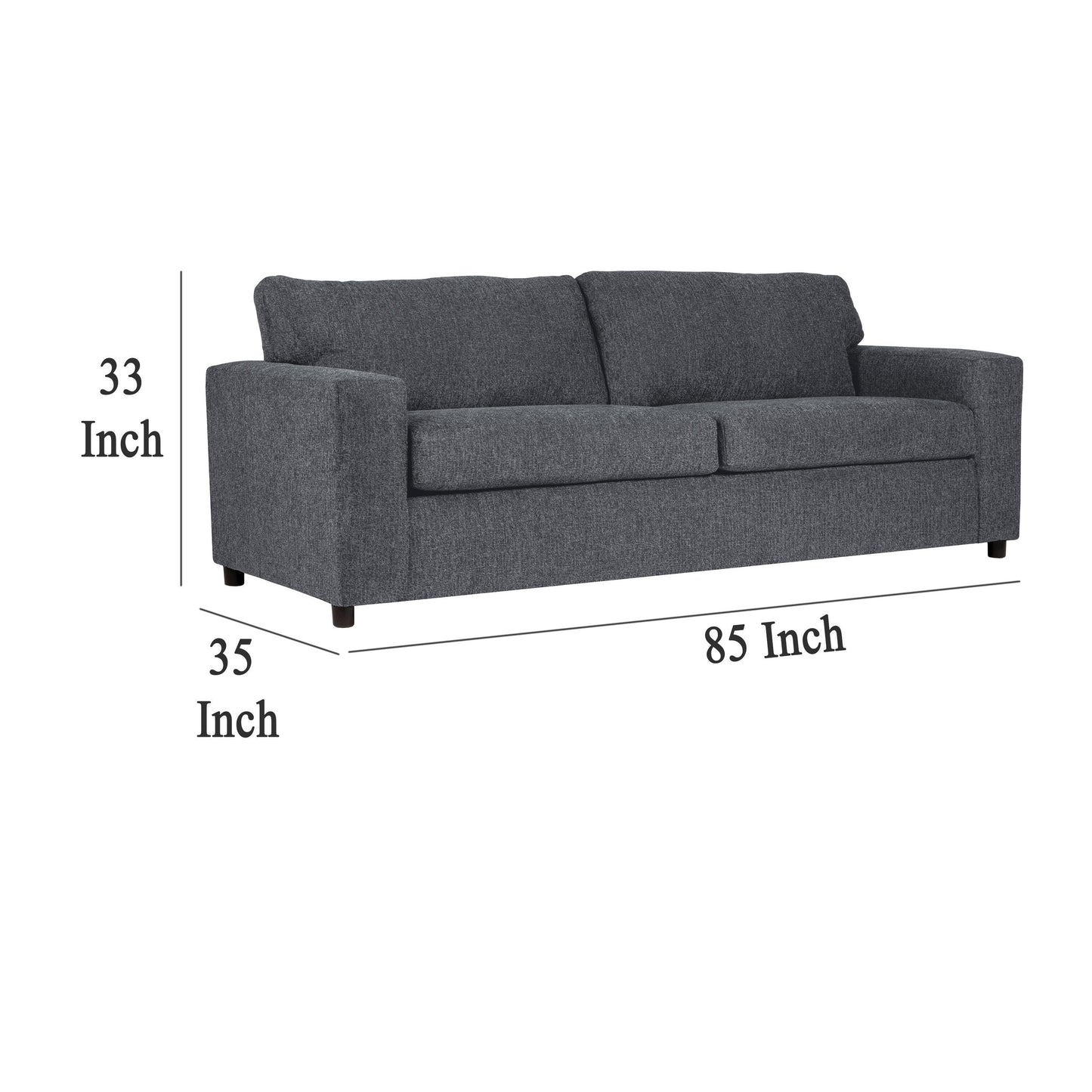 Divano Kiono, morbidi cuscini in poliestere grigio, legno massello nero, 85 pollici