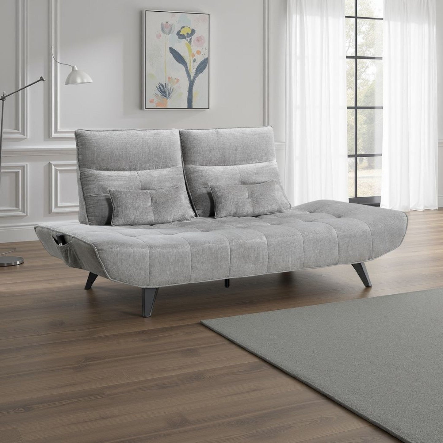 Divano reclinabile elettrico con profondità regolabile Kyan, 2 cuscini, ciniglia grigia