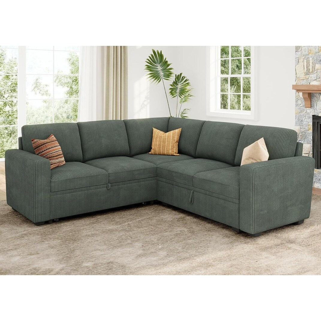 Divano letto componibile a L con letto estraibile - Divano modulare in velluto a coste con contenitore per soggiorno, verde