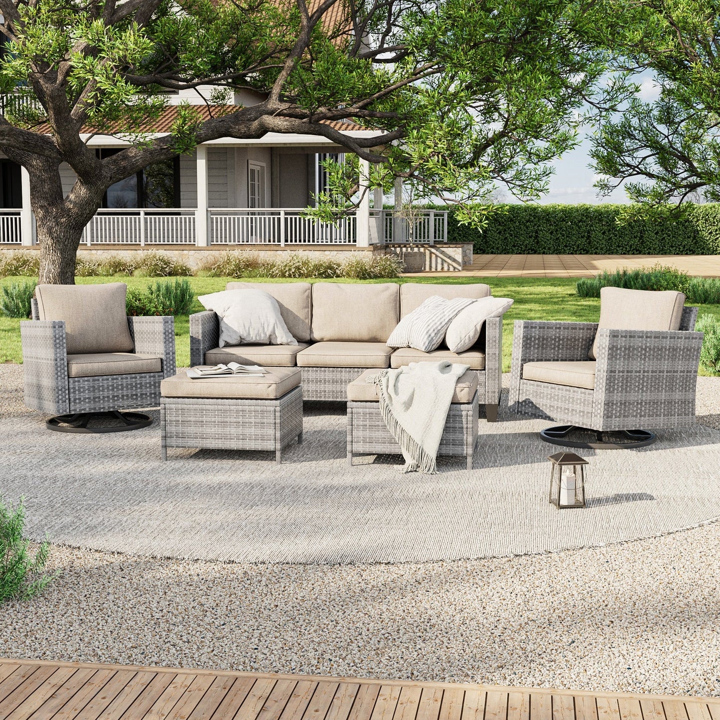 LIVOOSUN Set di 5 divani girevoli a dondolo in rattan marrone per esterni da patio