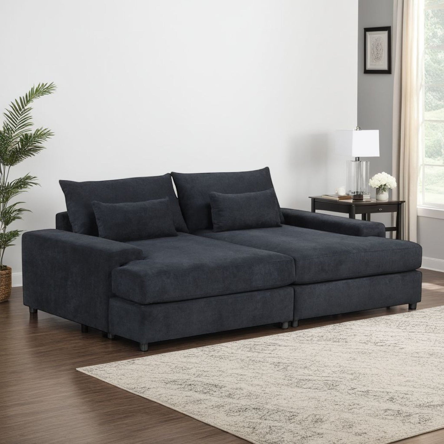 Divano letto oversize Leena con 2 cuscini decorativi, tessuto nero, 88 pollici