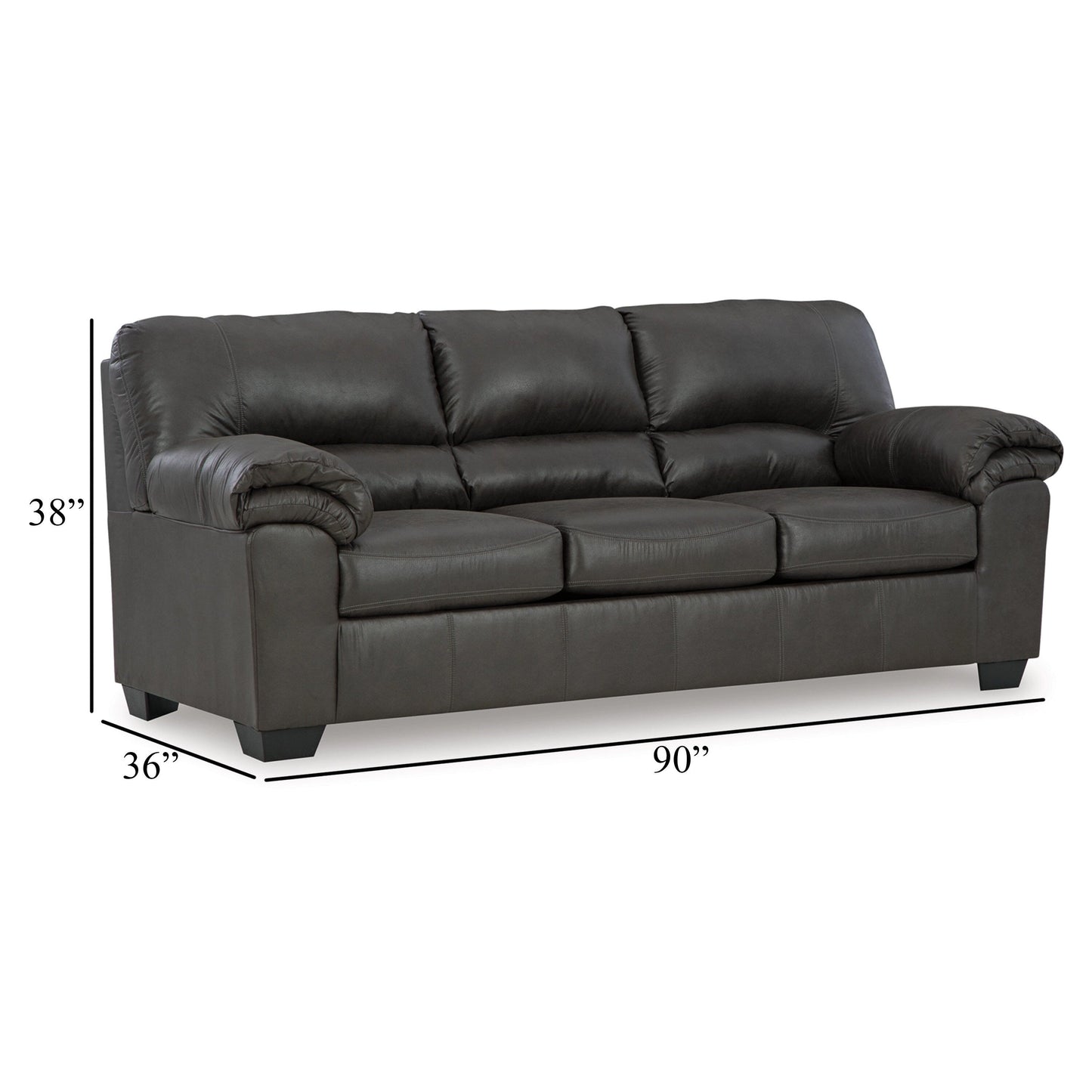 Divano Limu, 90 pollici, braccioli morbidi con parte superiore imbottita, similpelle grigio intenso