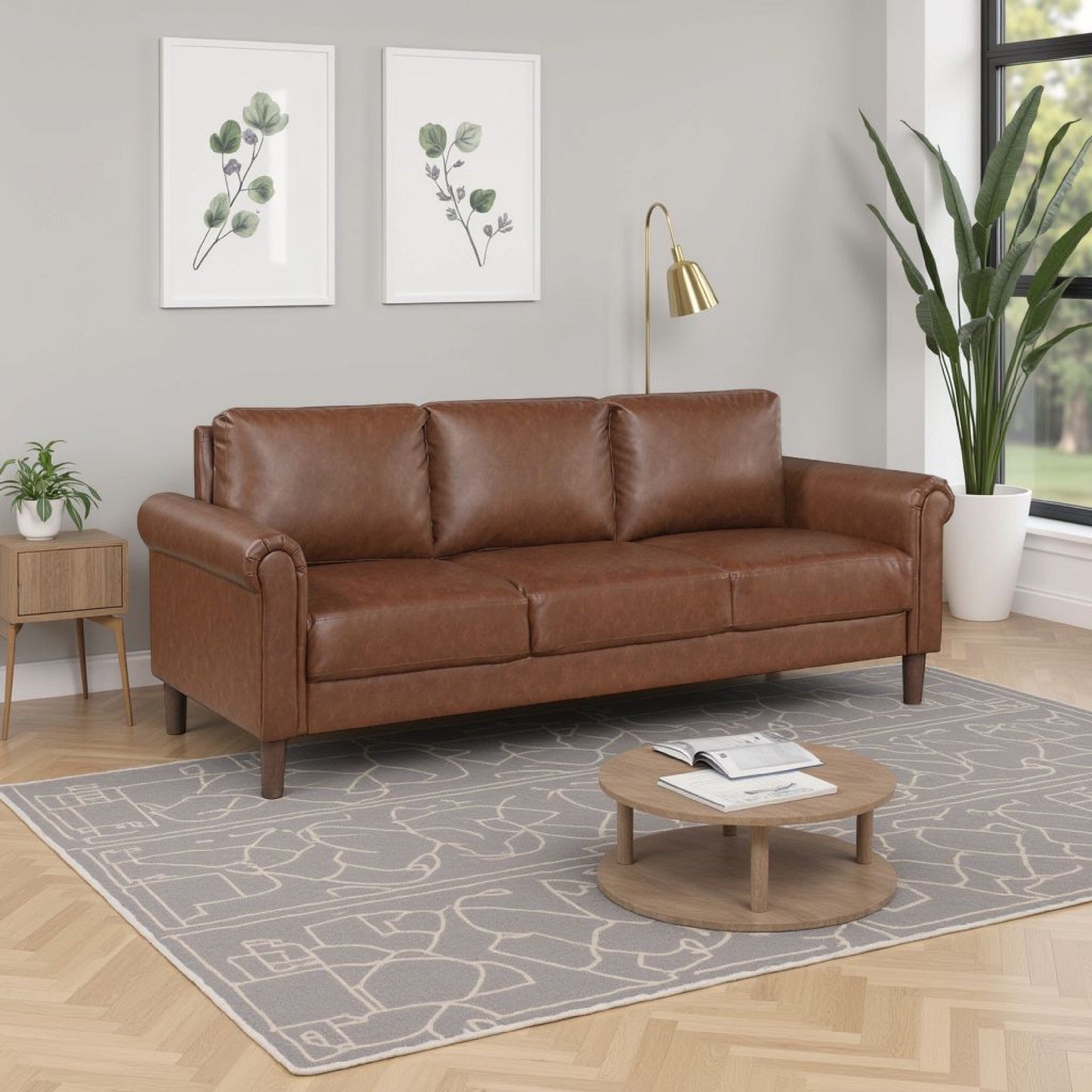 Divano Lo con braccioli arrotolati, finta pelle marrone scuro di metà secolo, 79 pollici