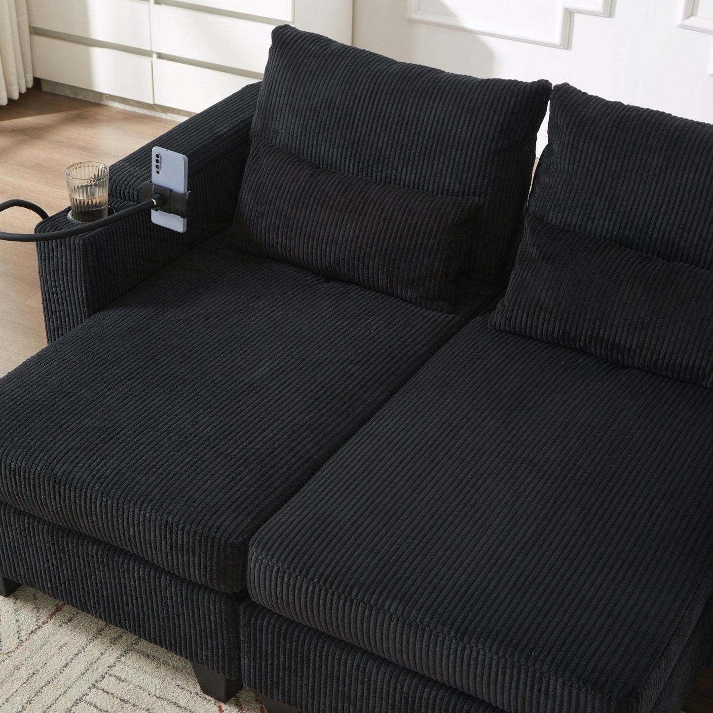 Divano a due posti, divano letto in velluto a coste con porte USB