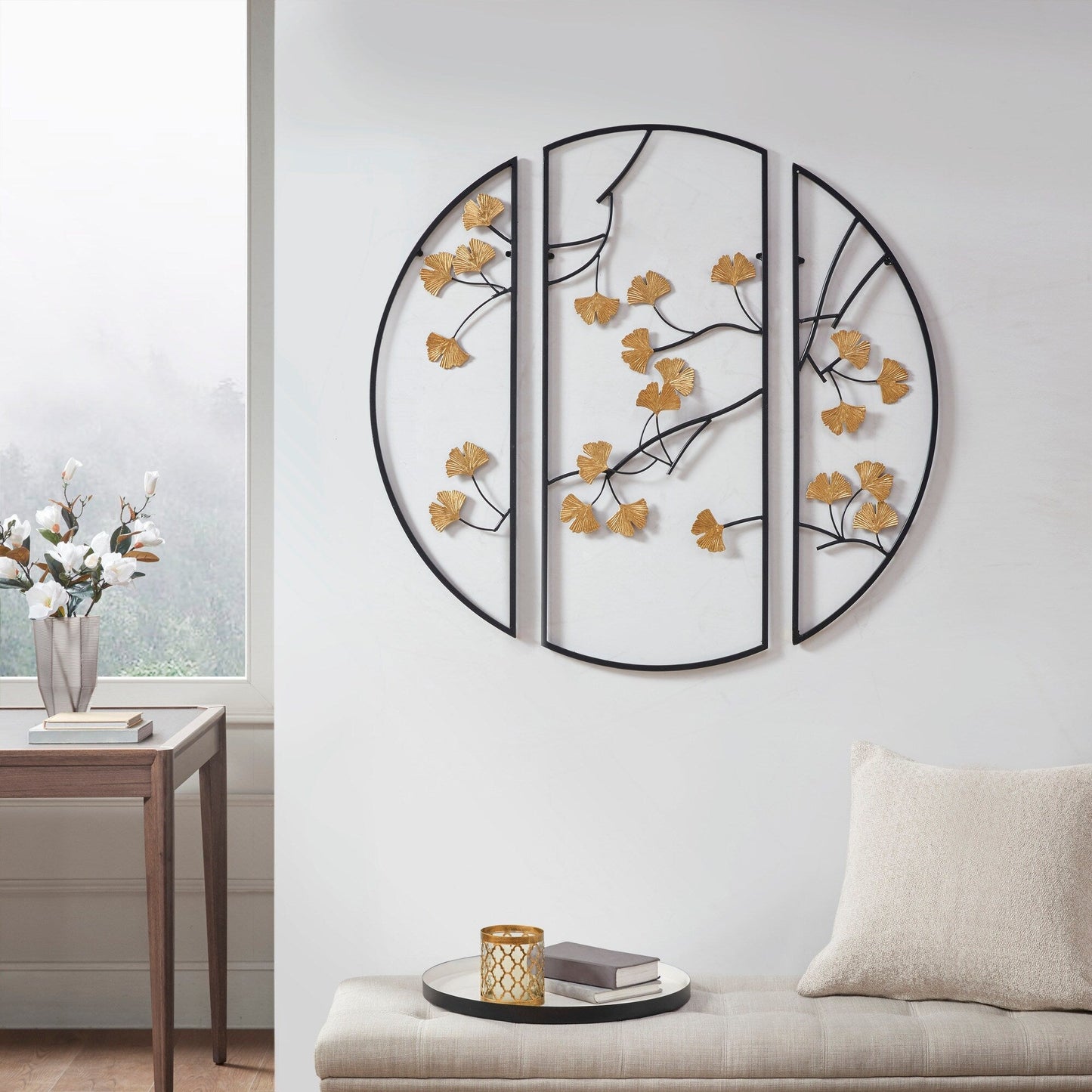 Set di decorazioni da parete in metallo da 3 pezzi con foglie di ginkgo dorato Madison Park