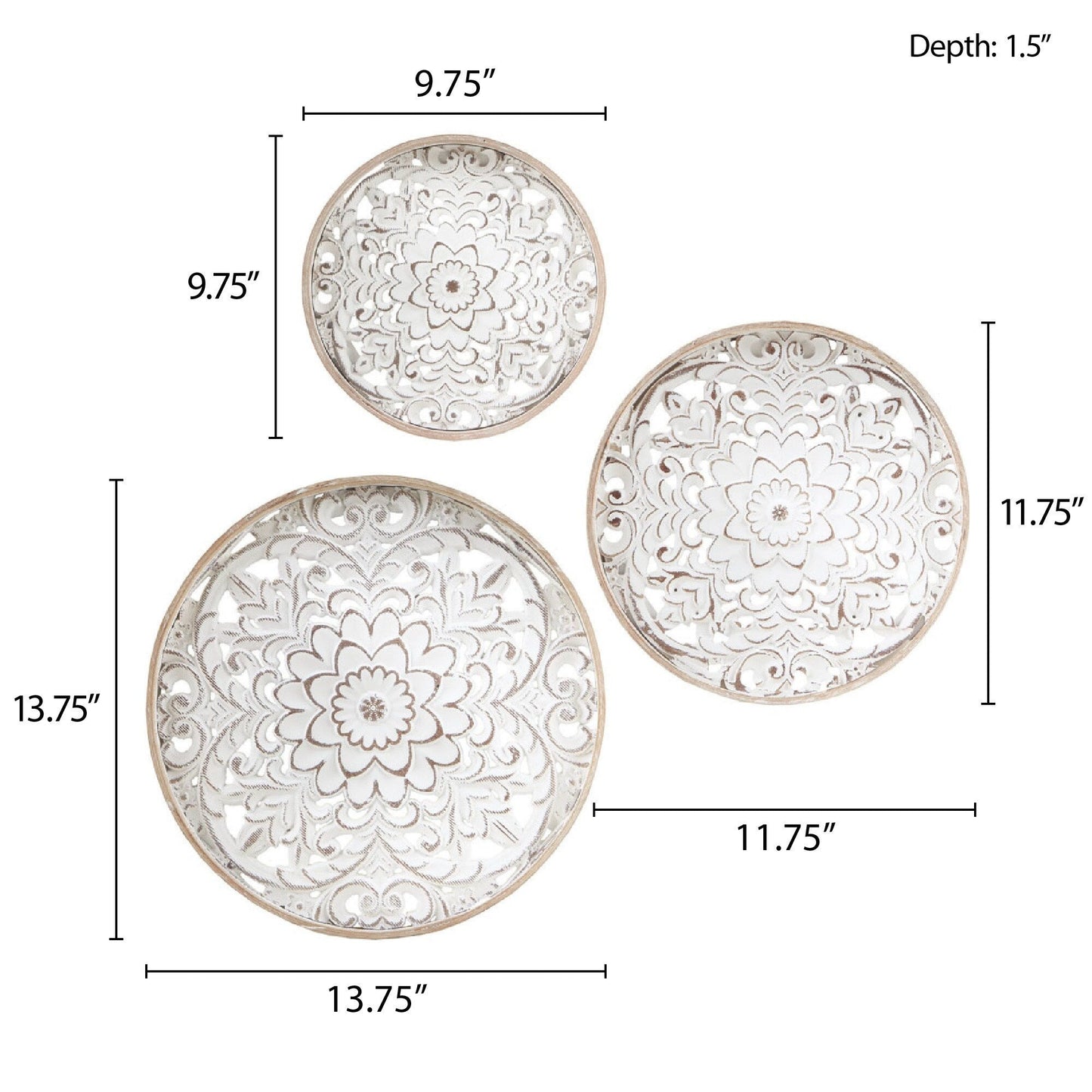 Set di decorazioni da parete in legno intagliato con motivo floreale bianco anticato Madison Park Medallion Trio, 3 pezzi
