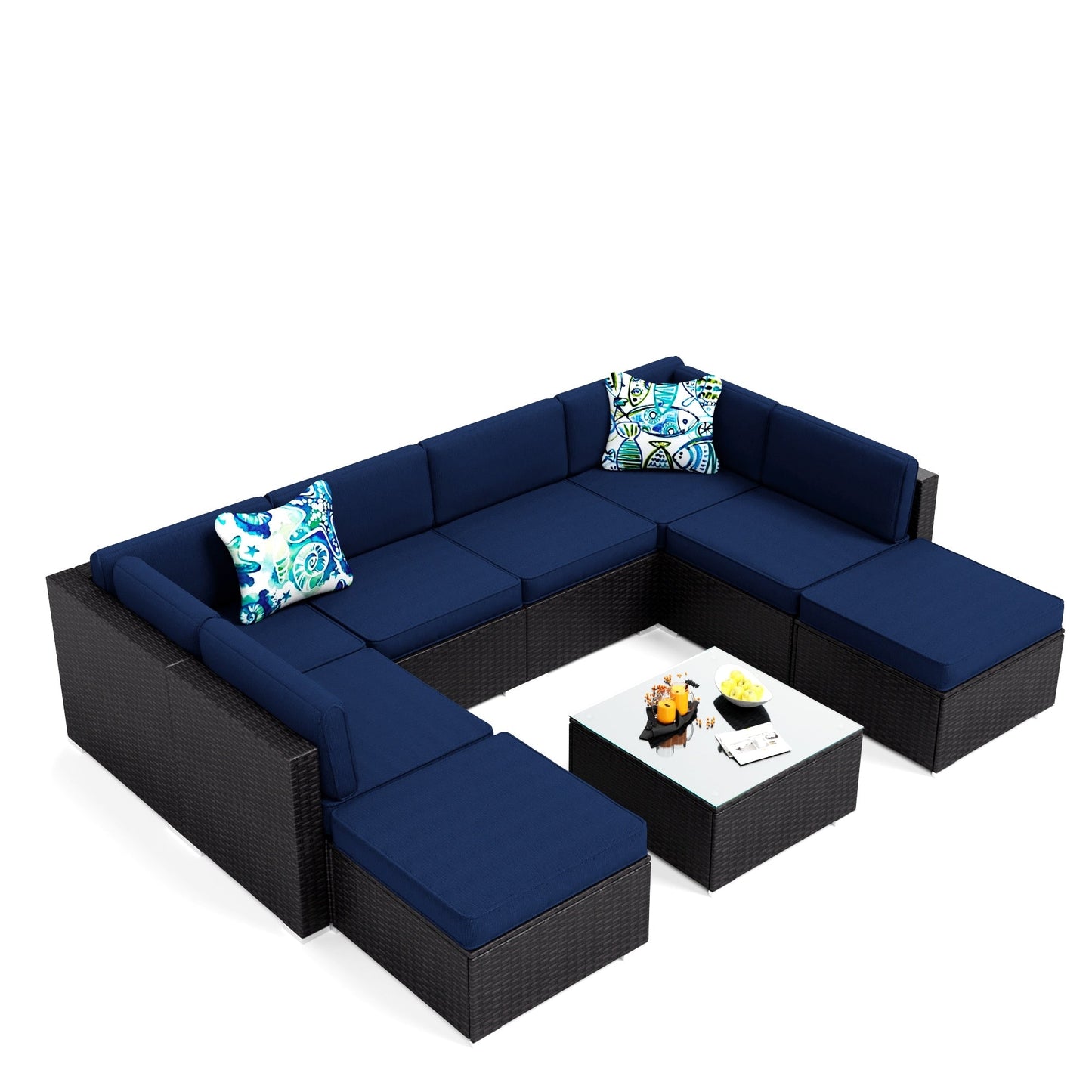 Set di divani componibili da giardino in vimini e rattan, 9 pezzi - Set da 9 pezzi