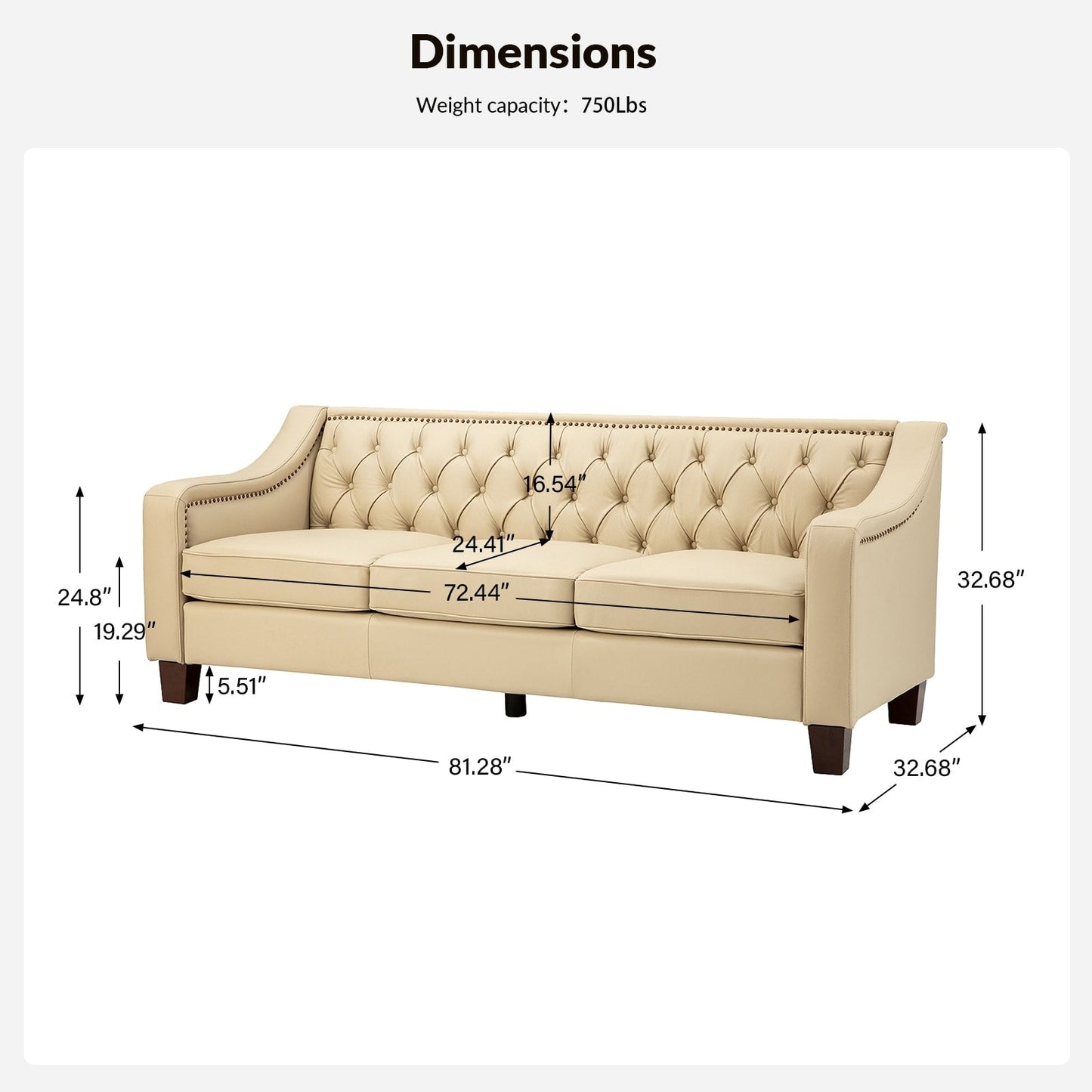 Divano di transizione Mateo 82.28 in vera pelle con finiture a borchie e schienale con bottoni