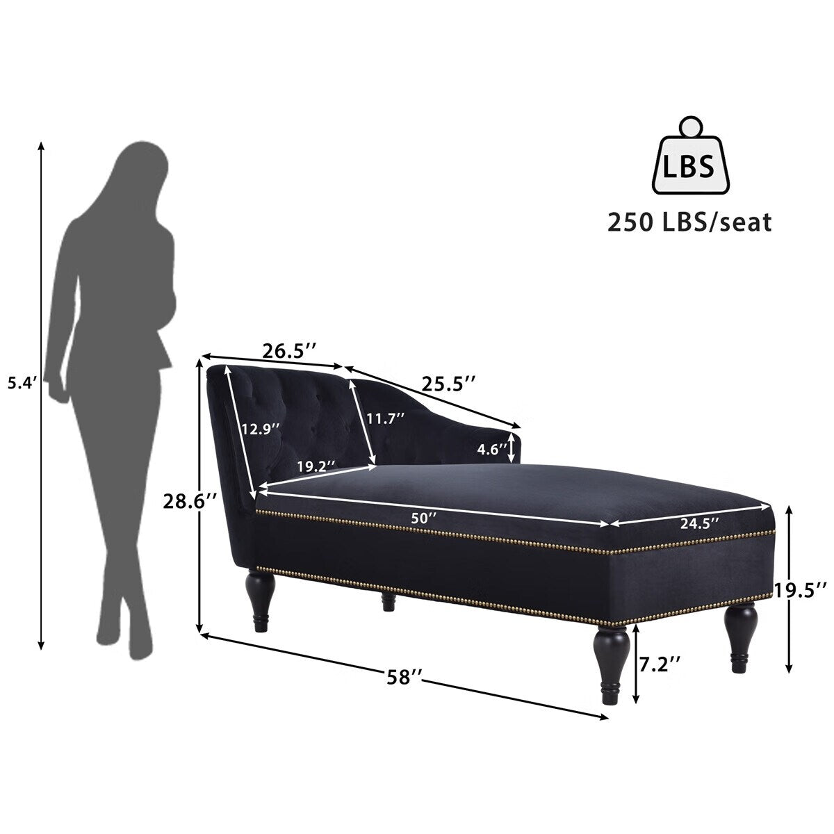 Chaise longue Merax 58 in velluto con bottoni trapuntati e bracciolo destro