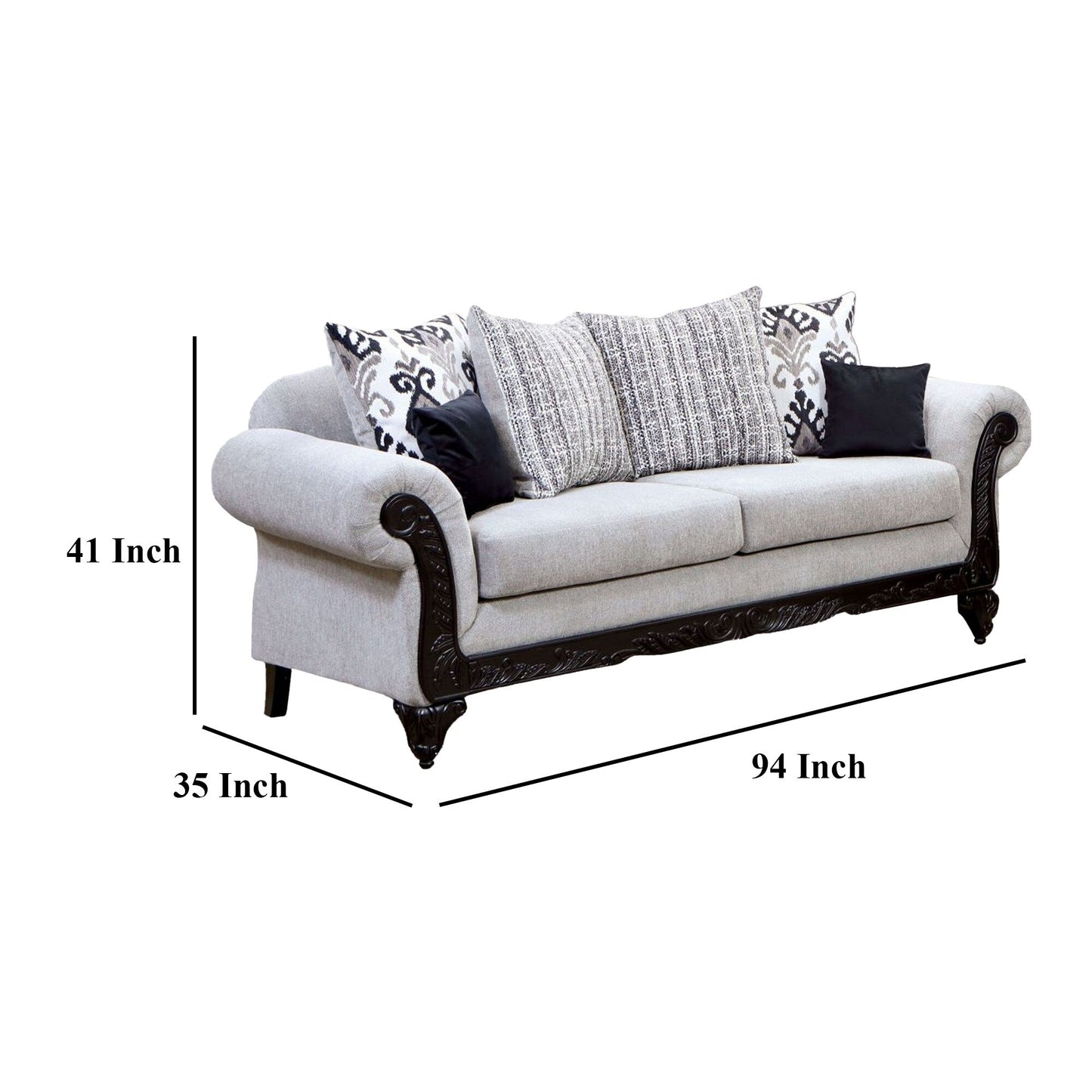 Divano Mezia, ciniglia grigia, 6 cuscini, legno massello nero, 94 pollici