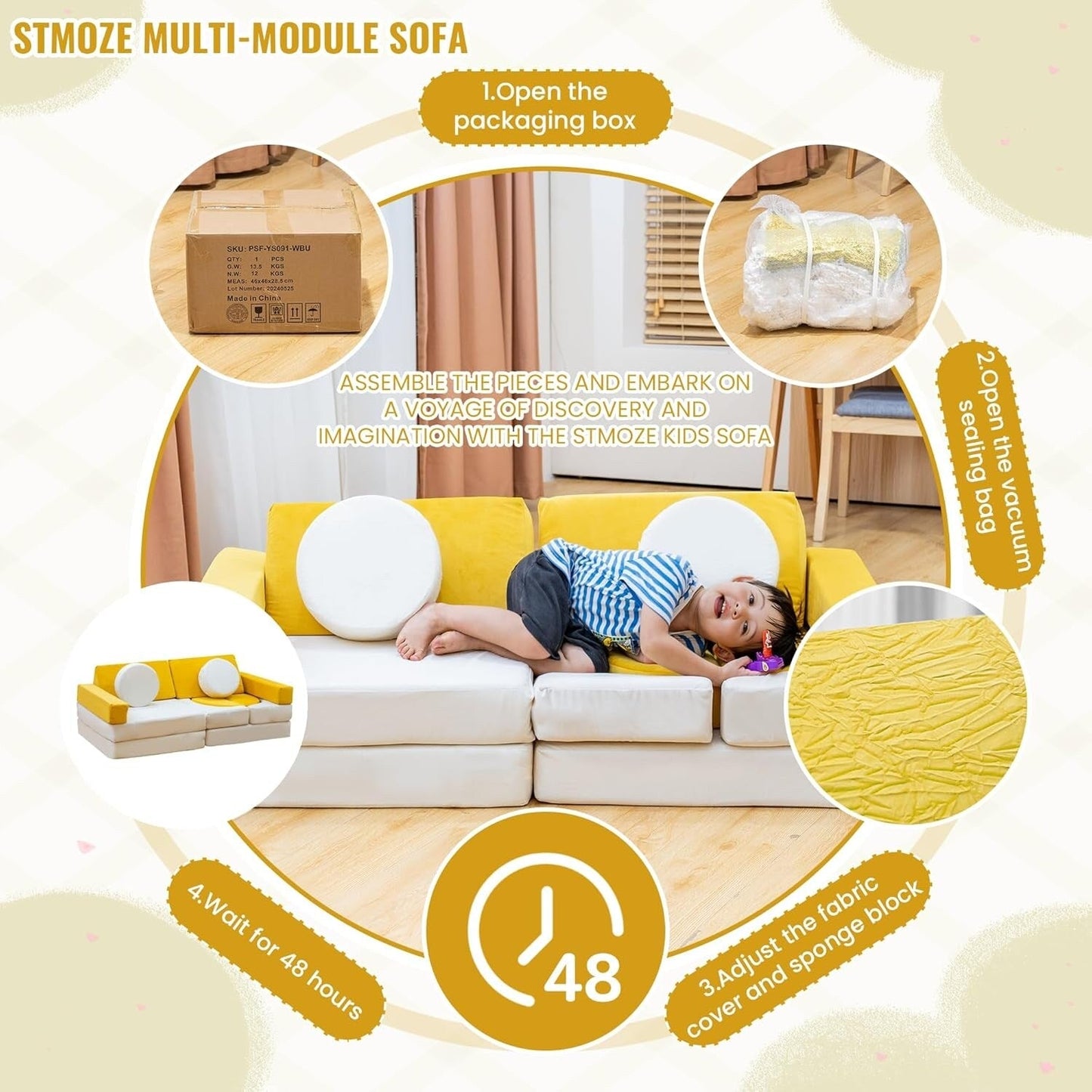 Divano modulare Mieres, divano da pavimento staccabile per soggiorno, mobile trasformabile per sala giochi creativa con cuscino decorativo