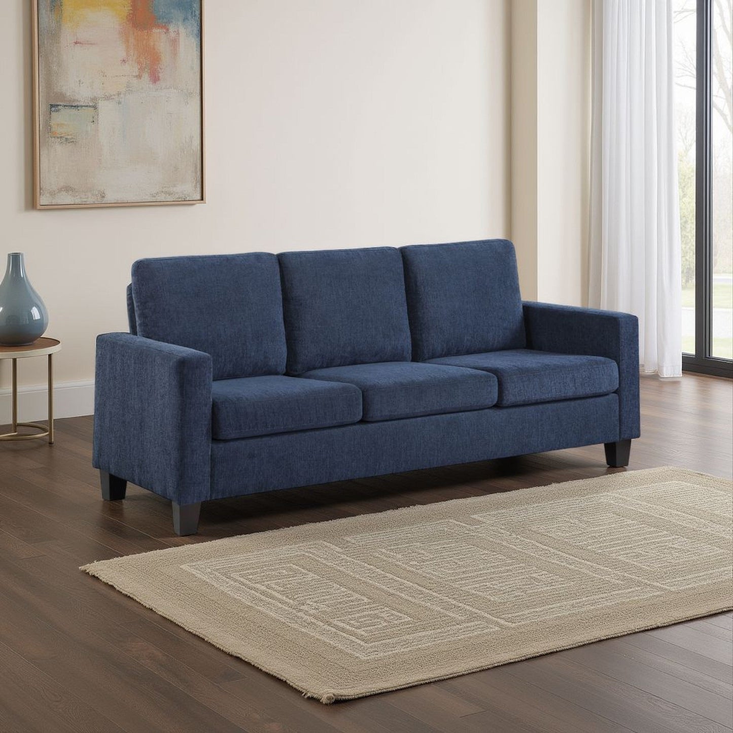 Divano Mihi, ciniglia blu, 76 pollici, gambe affusolate in legno nero