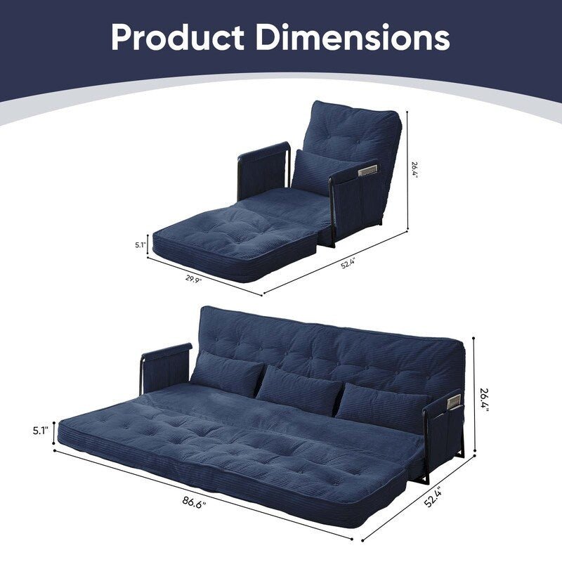 Divano letto pieghevole multifunzionale Mixoy, divano pigro con cuscini, schienale regolabile in 6 posizioni - 2+1