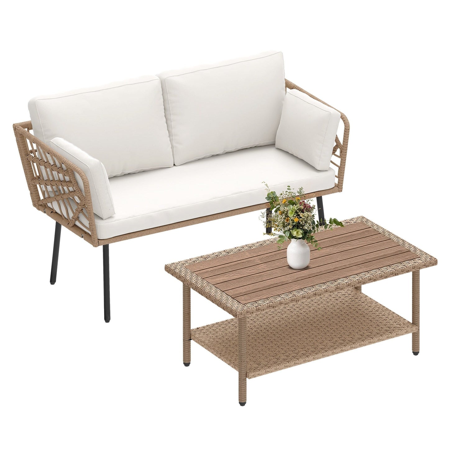 Set di mobili da giardino Moasis da 2 pezzi, divano a due posti in rattan e vimini con tavolino da caffè