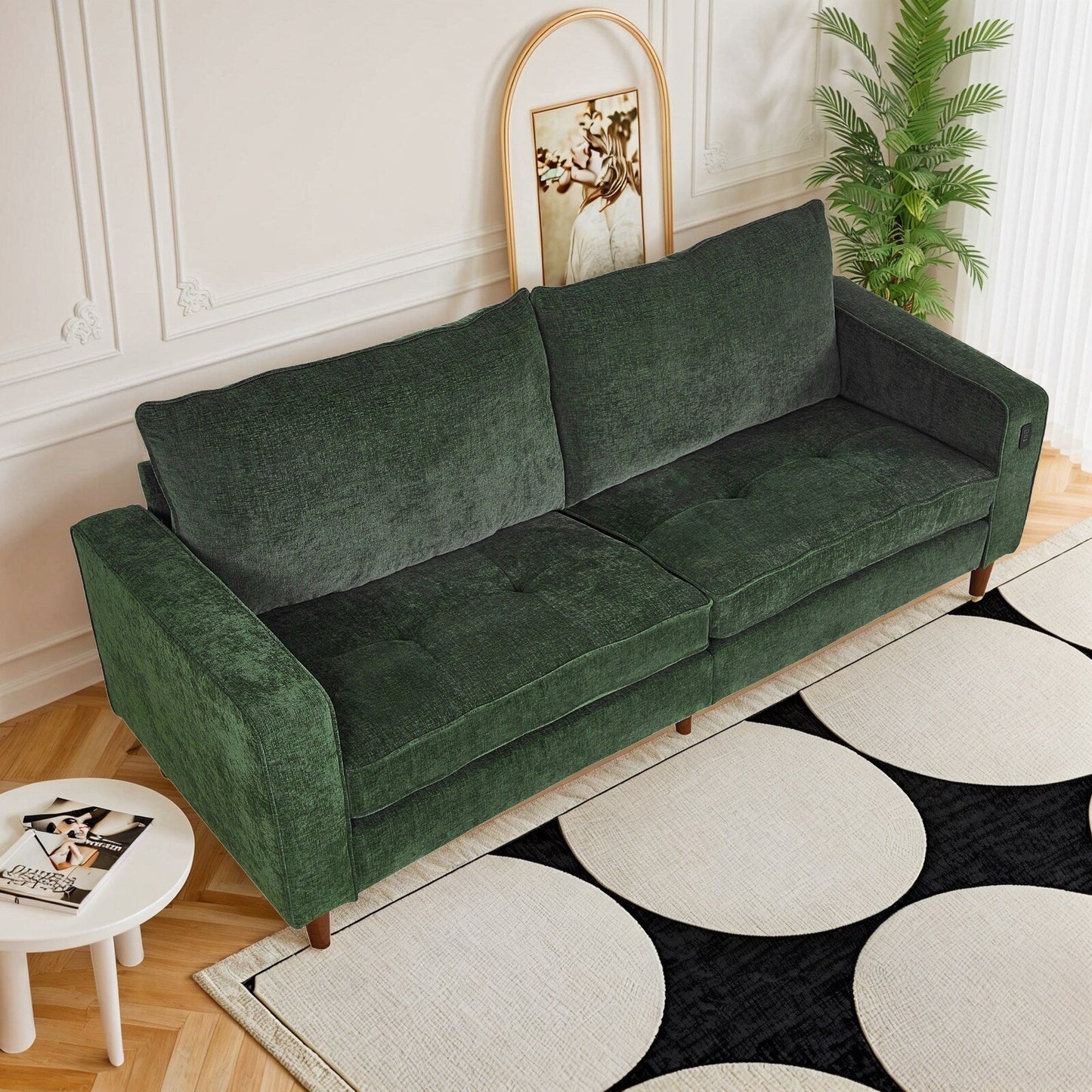 Divano moderno rettangolare da 82 pollici con braccioli quadrati, imbottito in ciniglia e porte USB