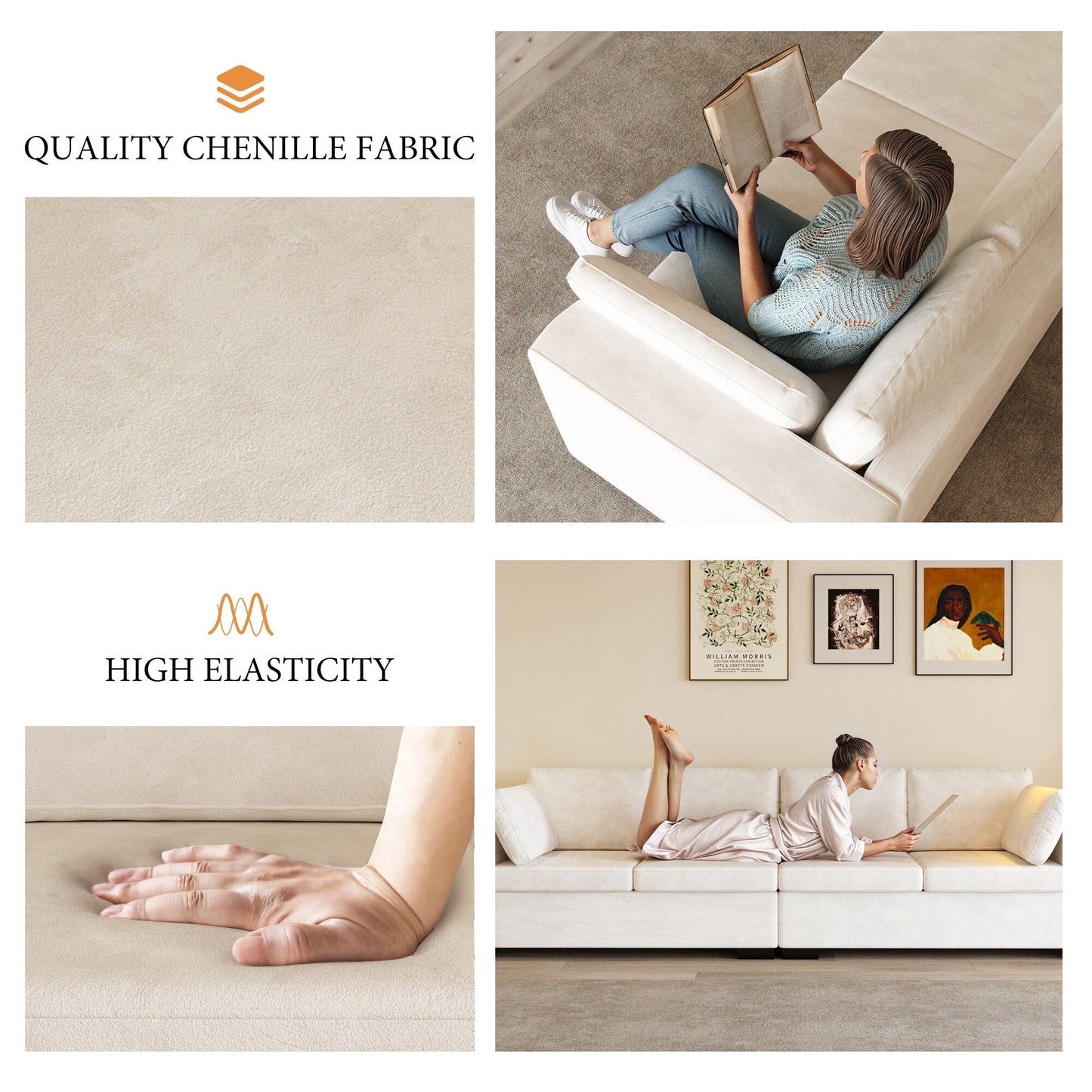 Divano moderno a 4 posti in tessuto ciniglia, bianco sporco, struttura in legno, schiuma altamente elastica