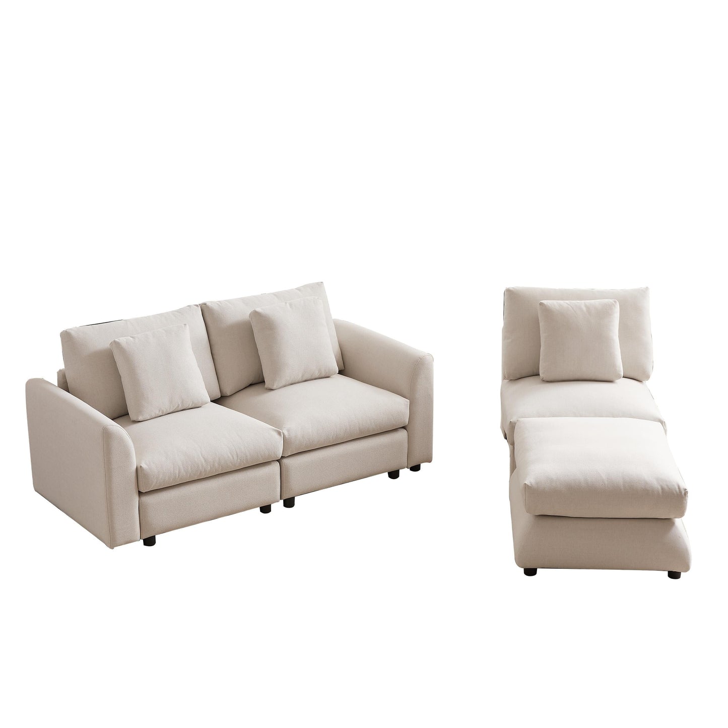 Divano componibile moderno a L con pouf, 3 cuscini e 3 cuscini per soggiorno