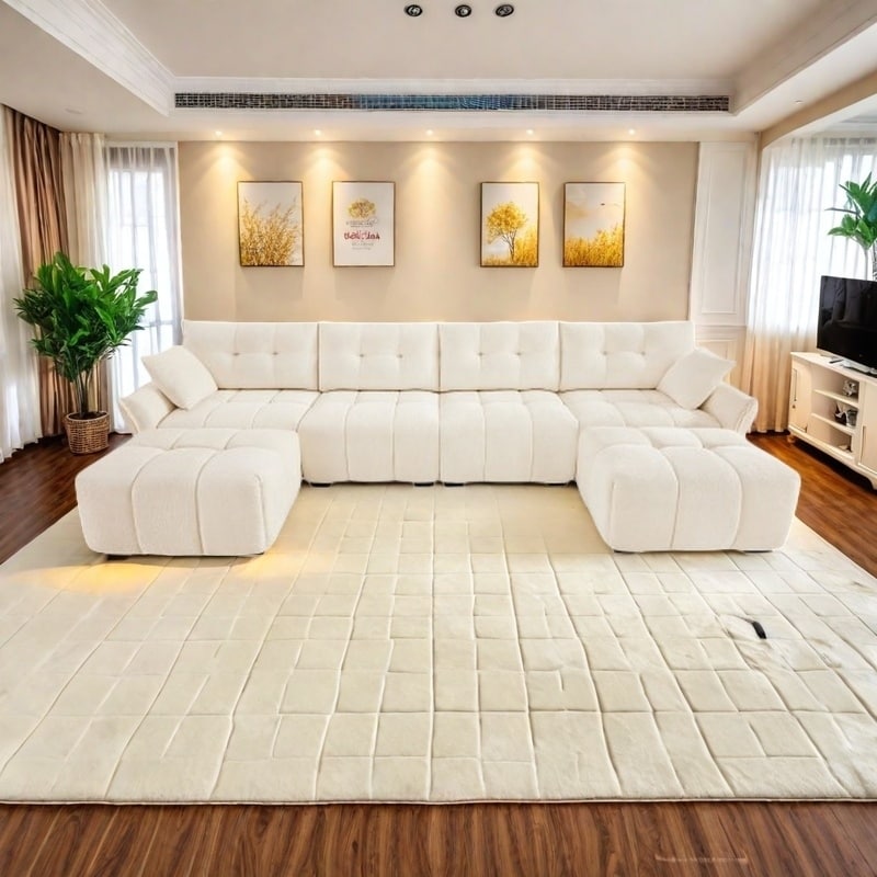 Set di divani modulari in ciniglia a 4 posti con 2 pouf, cuscini ad alta resilienza e struttura in legno massello