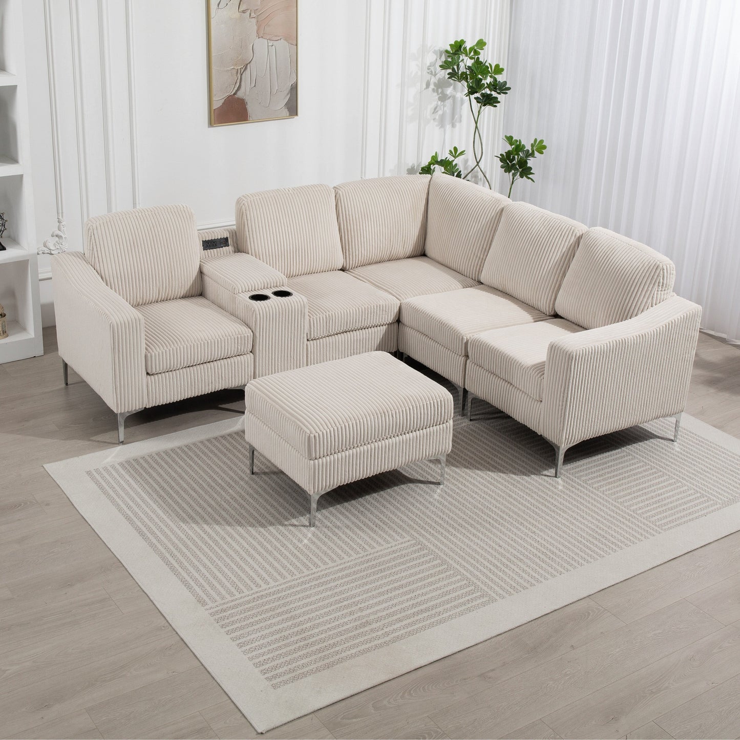 Divano componibile modulare a L in velluto a coste con porte USB, pouf contenitore e portabicchieri per soggiorno e appartamento