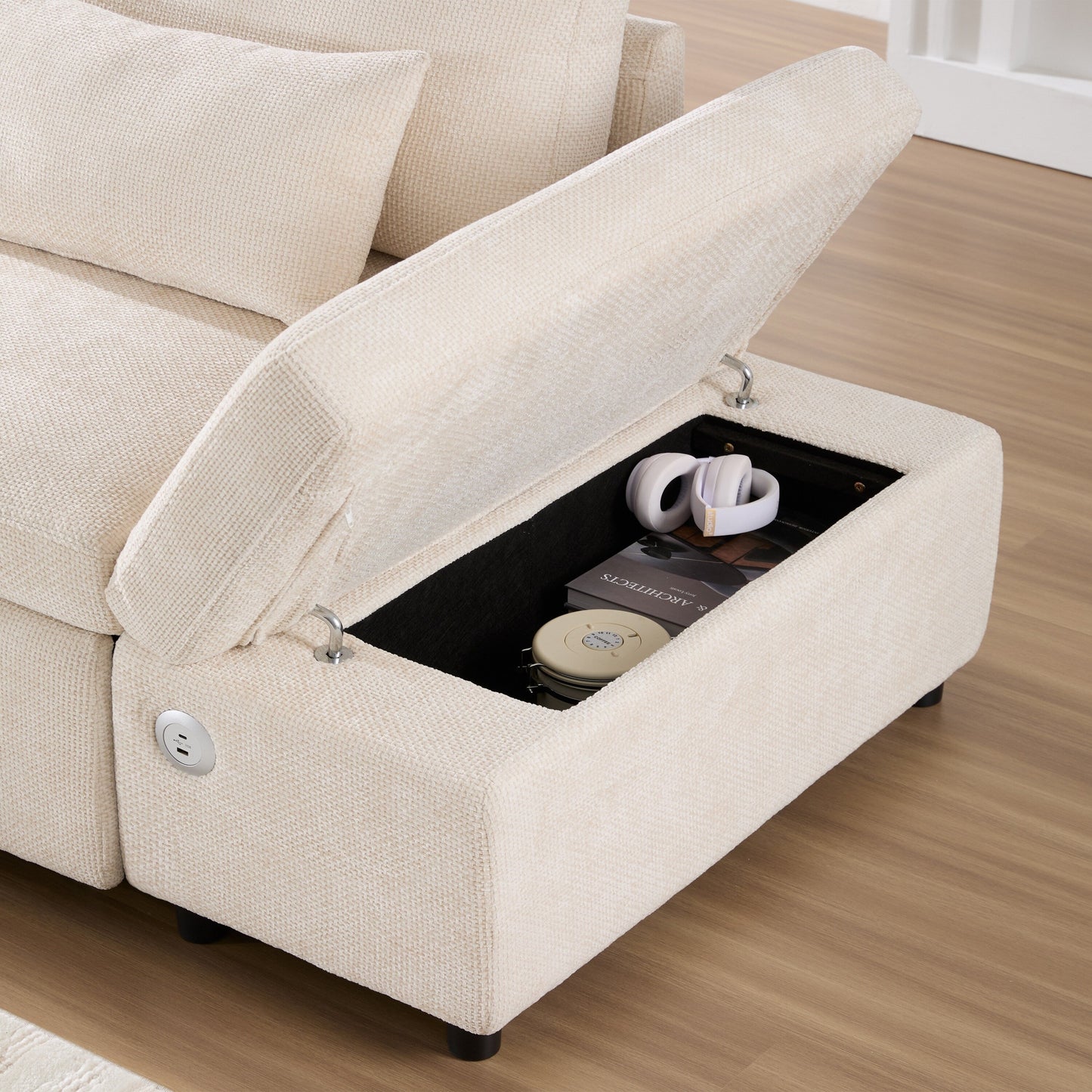 Divano letto componibile modulare estraibile con bracciolo di ricarica regolabile e pouf contenitore per soggiorno e appartamento