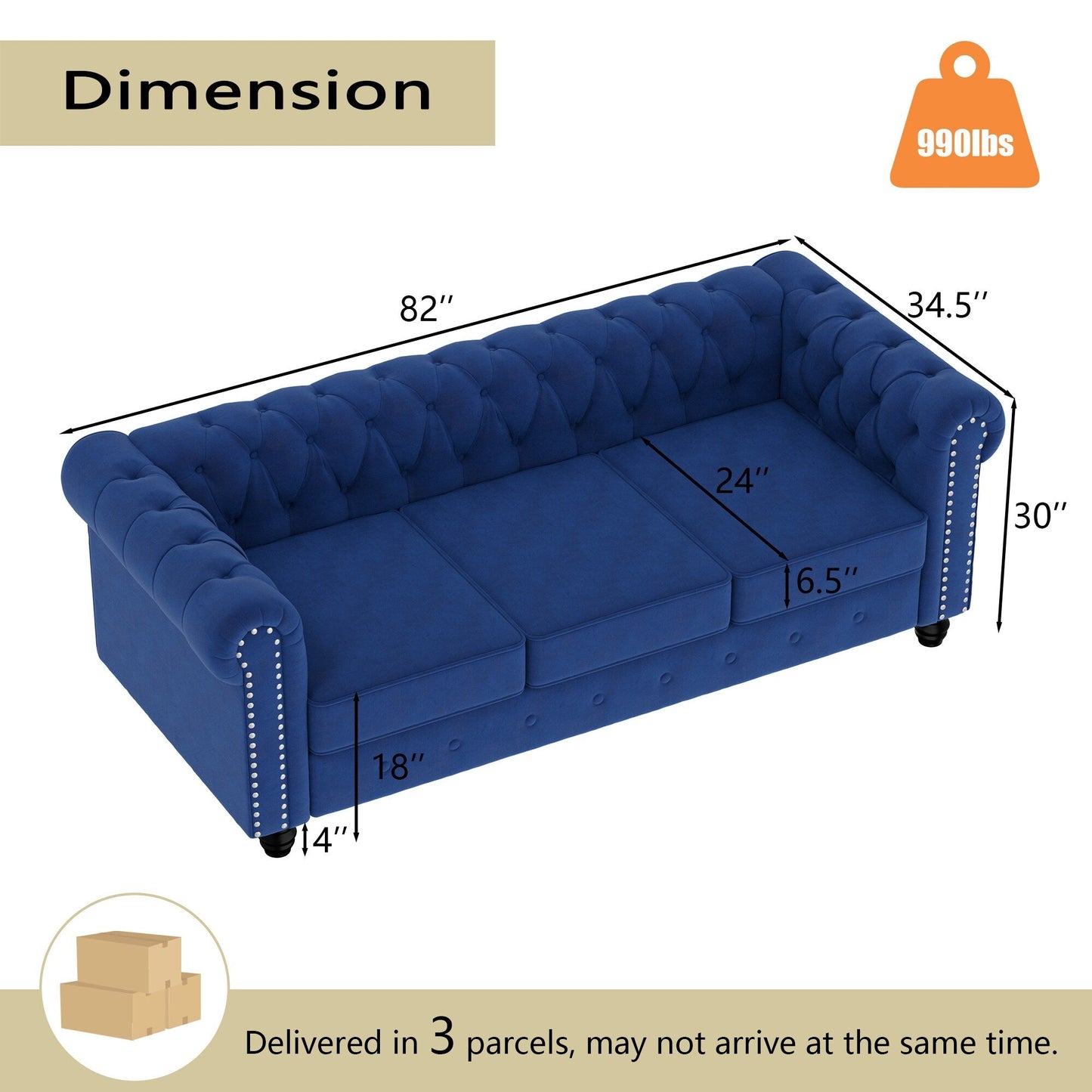 Divano Chesterfield imbottito in velluto Morden Fort con borchie e gambe solide per soggiorno