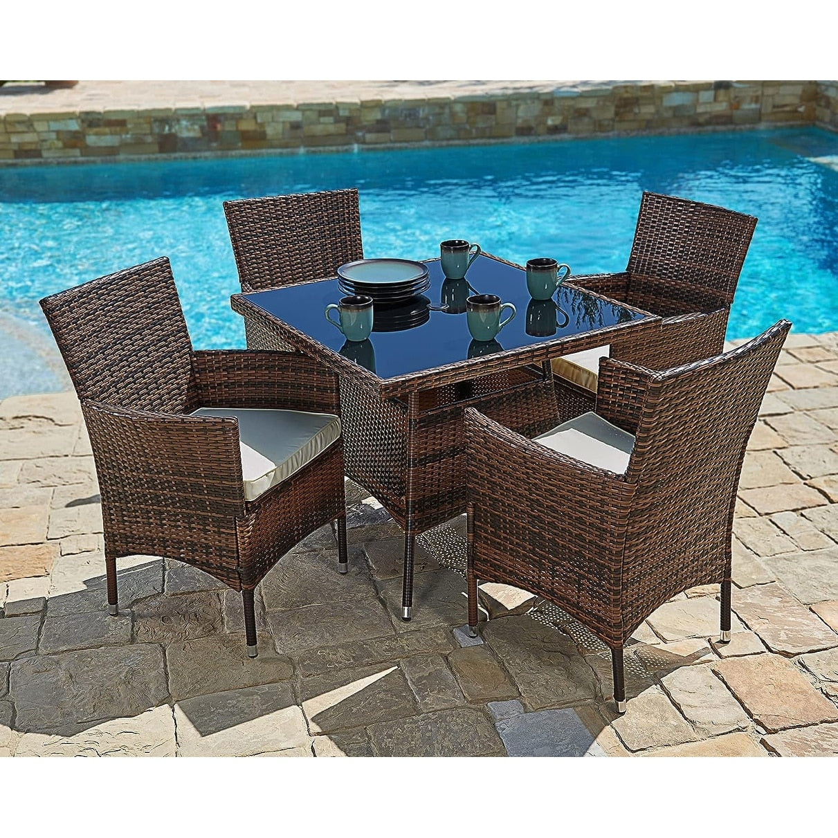 Set da pranzo quadrato in vimini per esterni Navi da 5 pezzi di Havenside Home