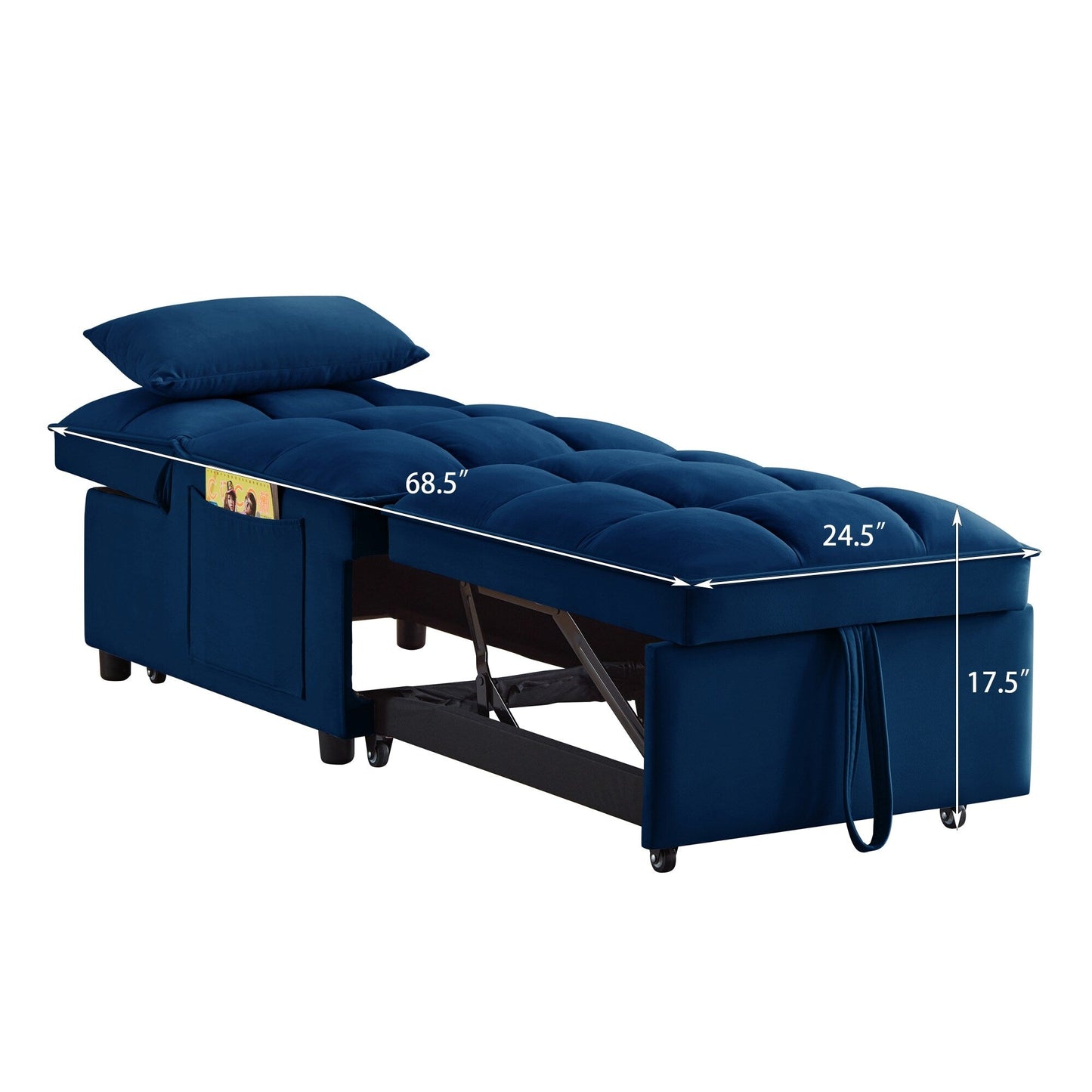 Divano letto singolo pieghevole in velluto blu navy da 68,5 pollici con schienale regolabile e cuscini per soggiorno