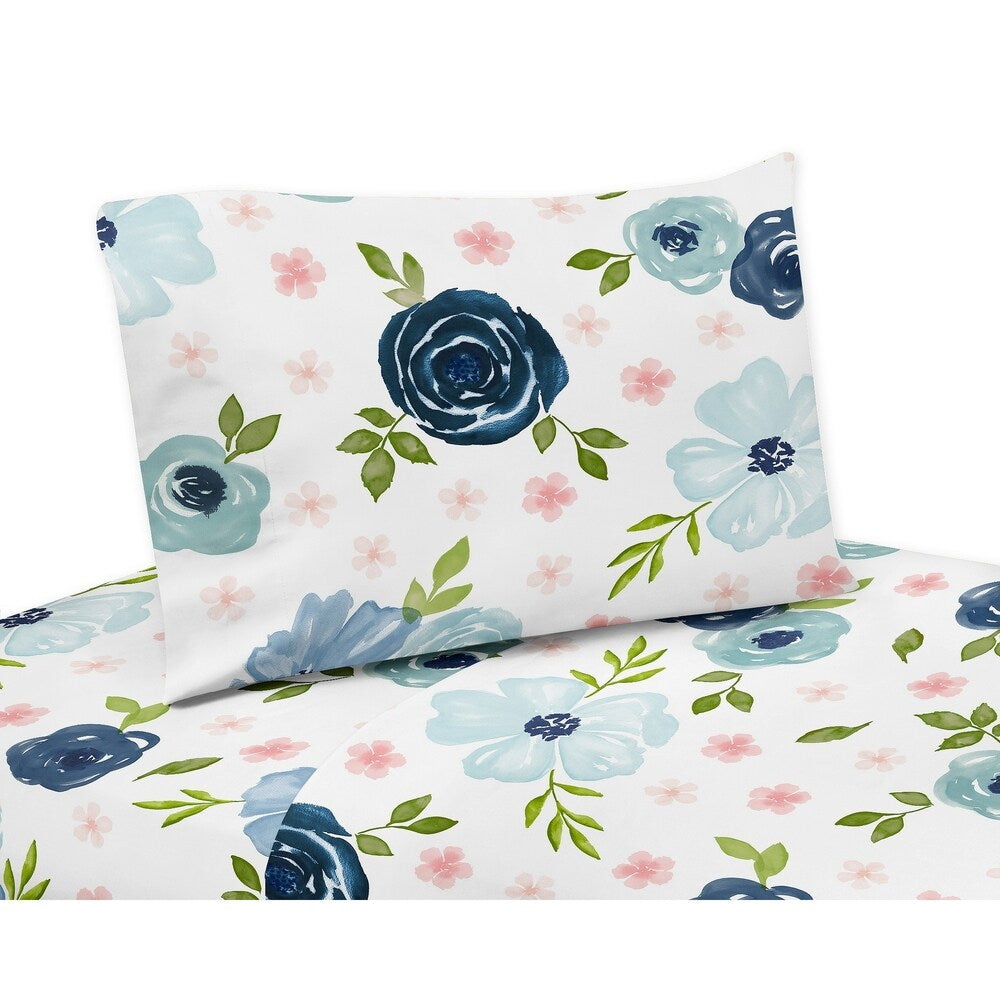 Set di lenzuola matrimoniali da 4 pezzi con motivo floreale acquerello blu navy e rosa - Rosa Shabby Chic con fiori rosa, verde e bianco