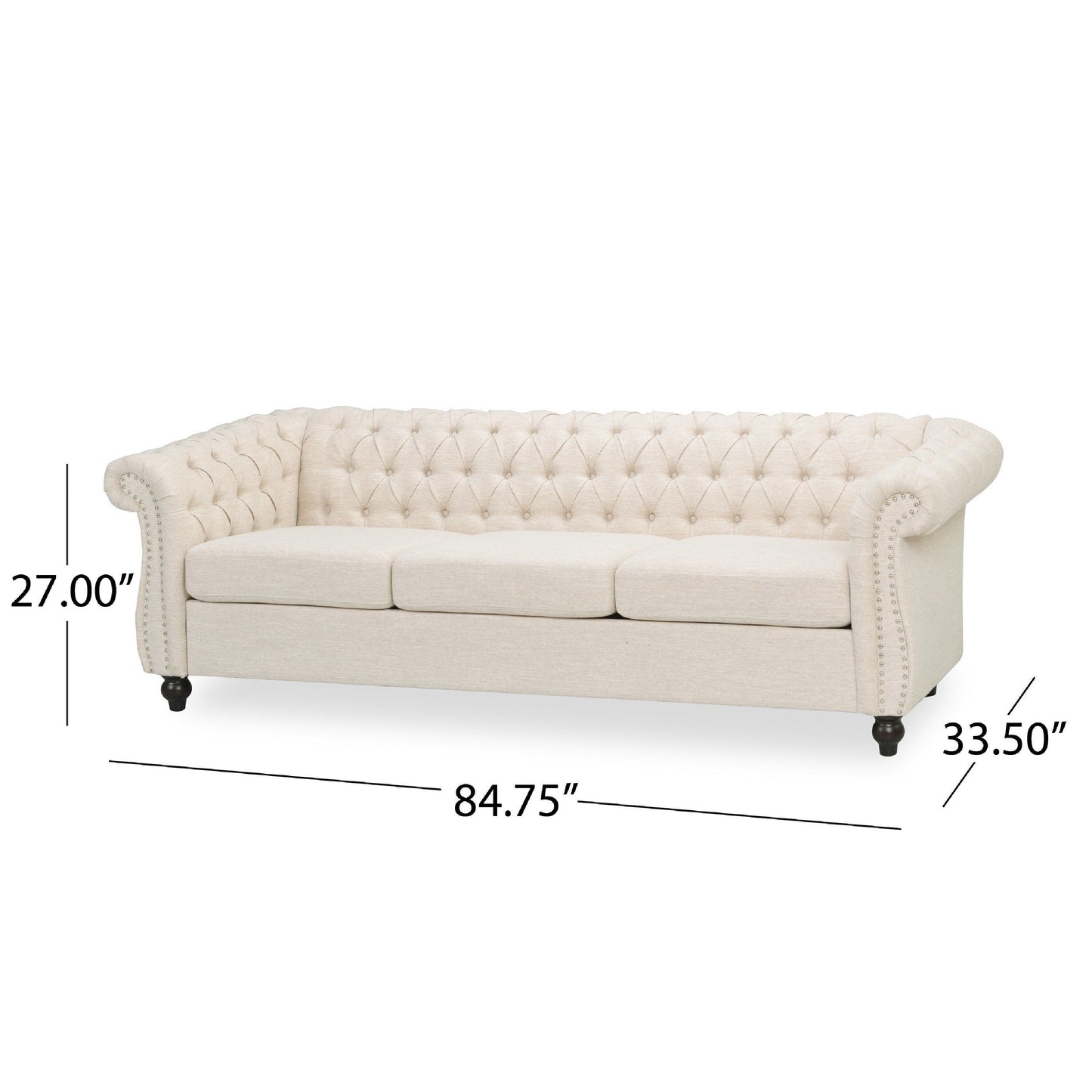 Divano Nisy a 3 posti, Chesterfield beige, schienale capitonné, 85 pollici