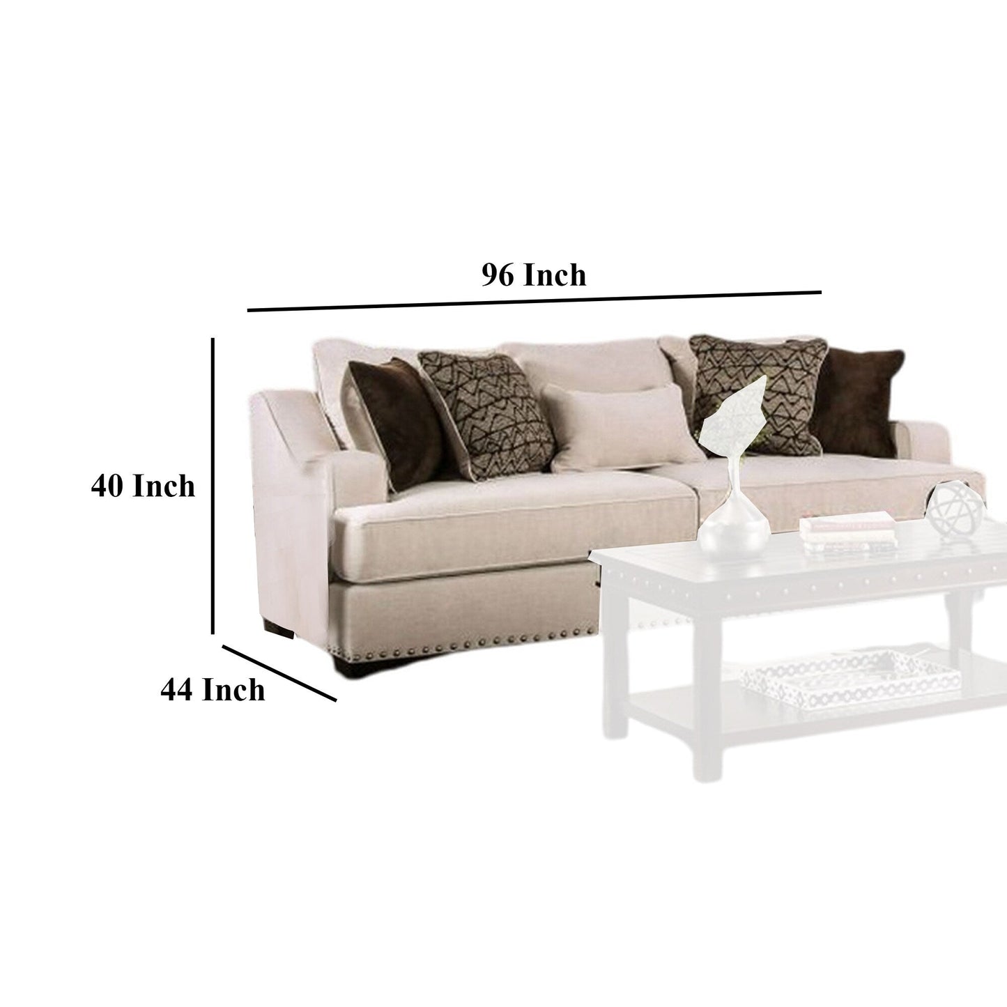 Divano Nora, 4 cuscini decorativi, 1 supporto lombare, finiture con borchie, 96 pollici, beige