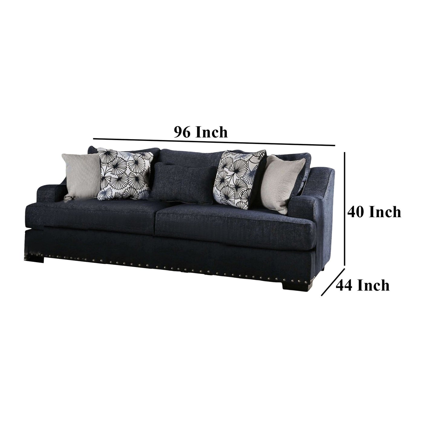 Divano Nora, blu navy scuro, 5 cuscini decorativi, legno massello, 96 pollici