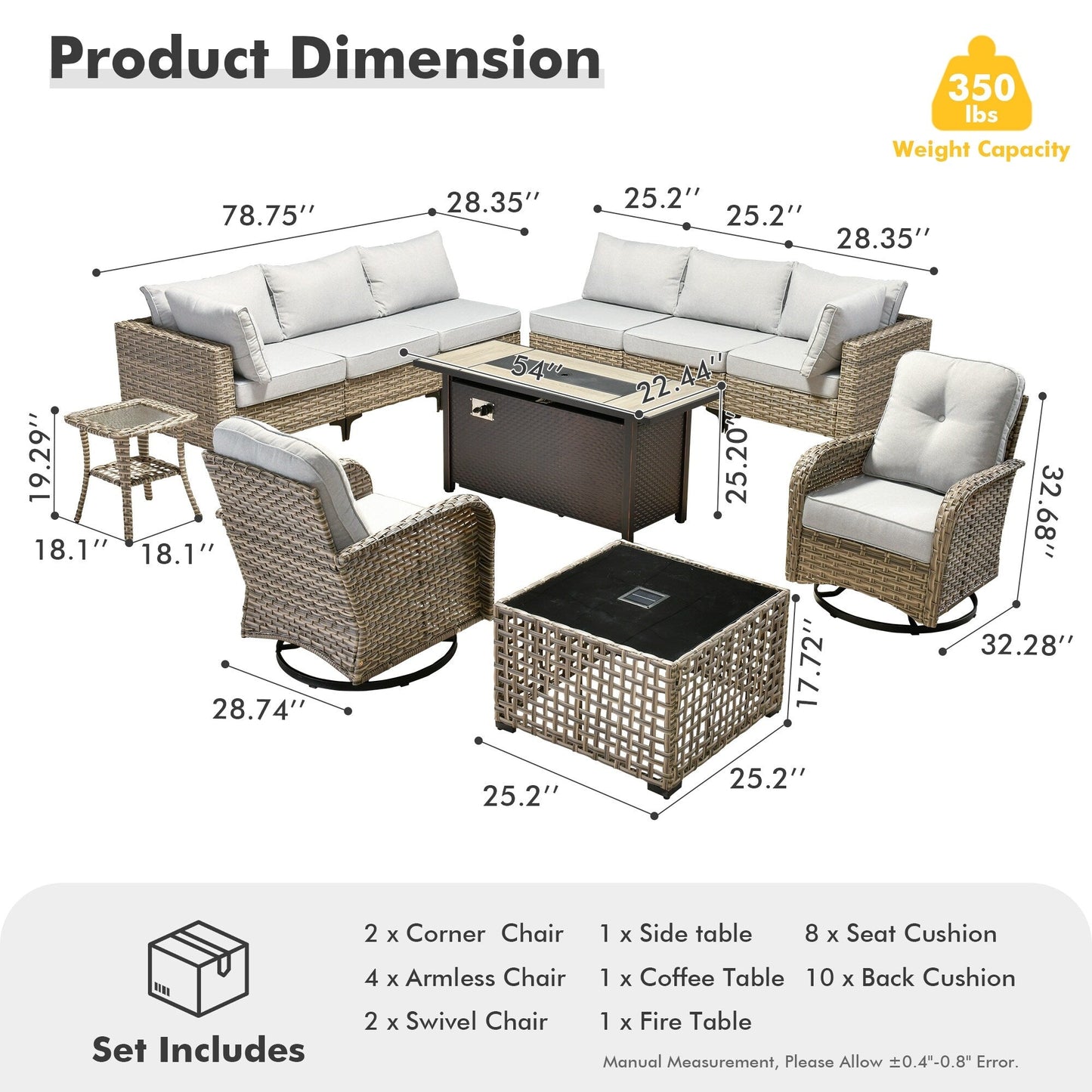 OVIOS Set di 11 sedie girevoli in vimini per esterni con tavolo da fuoco