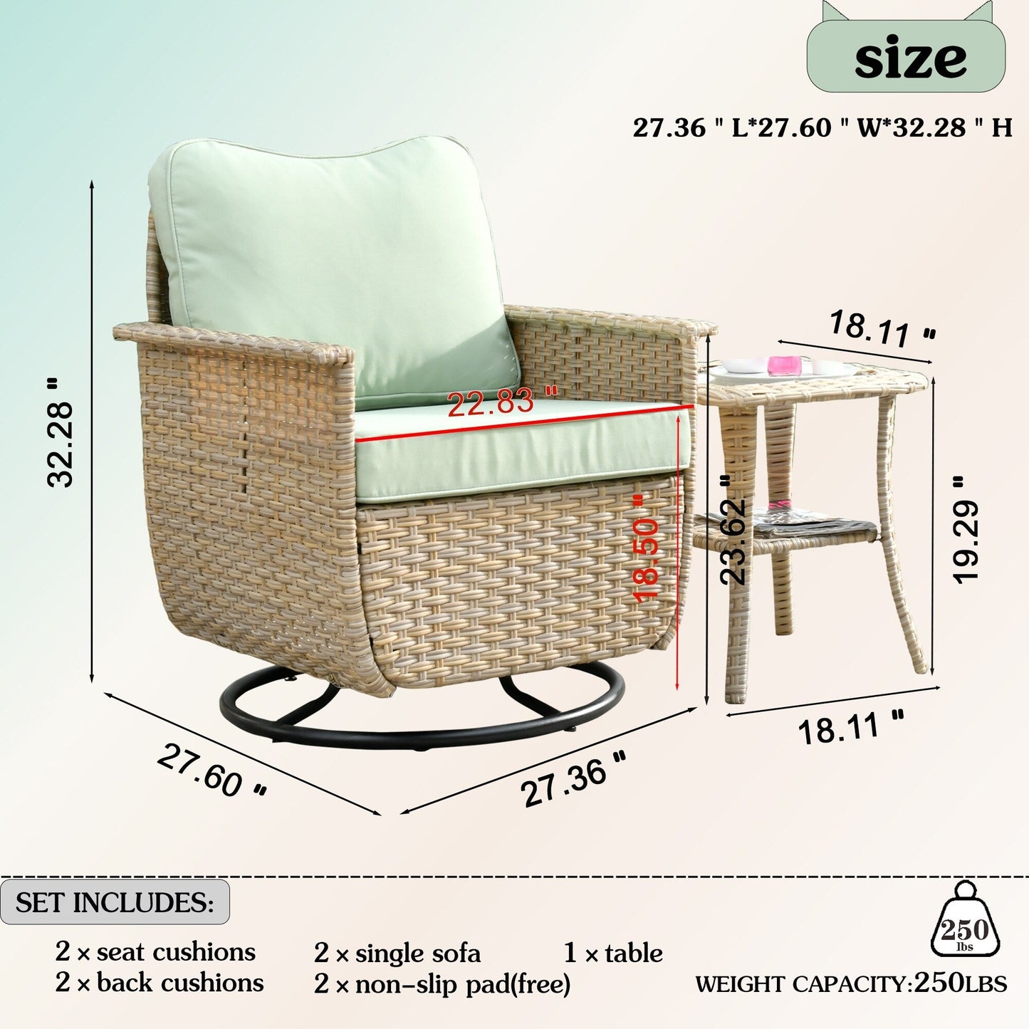 Set di 3 sedie girevoli in vimini per mobili da giardino adatti agli animali domestici OVIOS