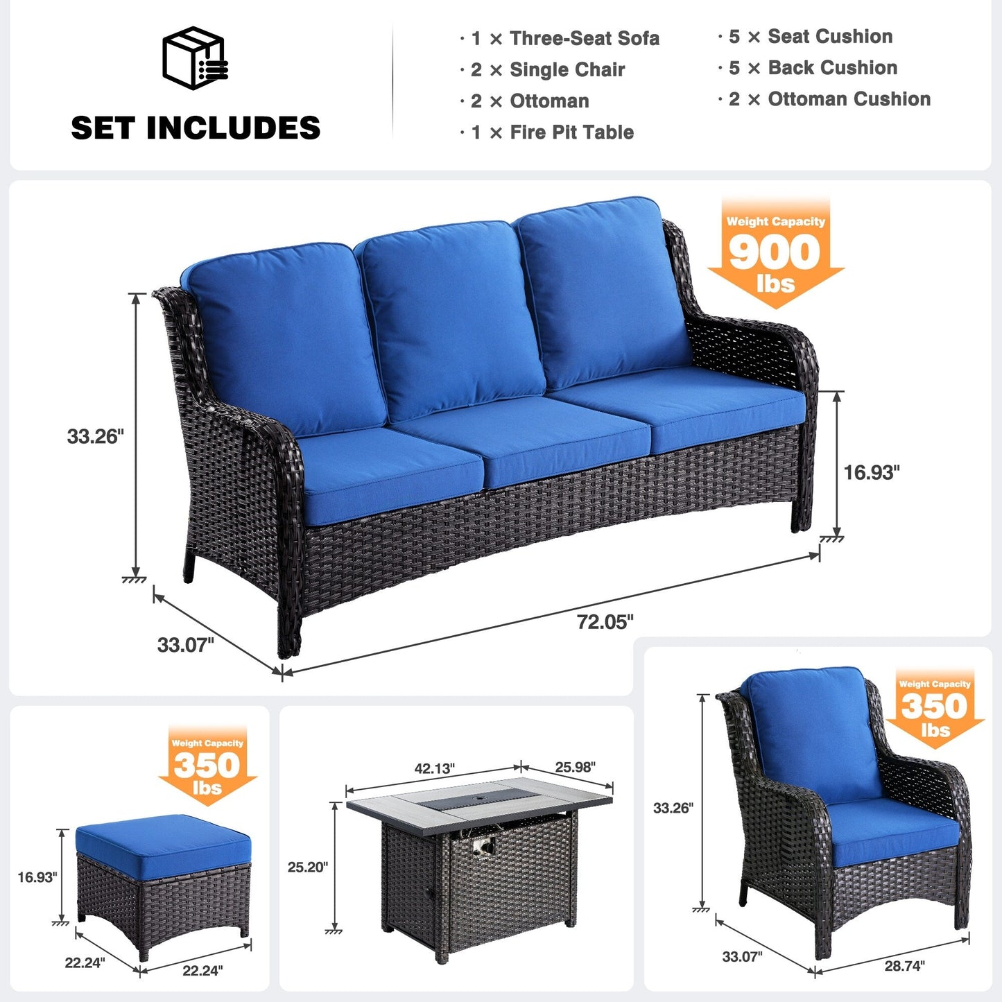 Set di mobili da giardino in vimini OVIOS da 6 pezzi con tavolo da fuoco da 42 pollici